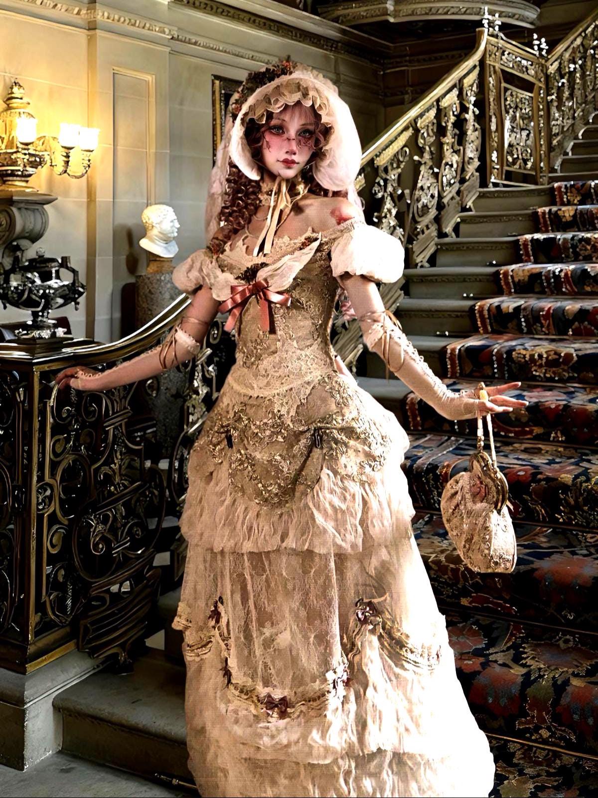 Baroque Blush Garden Lace Ball Gown with Bustle | Rococo Beige Pink Dress, Victorian Christmas Outfit, New Year Gala Historical Gown