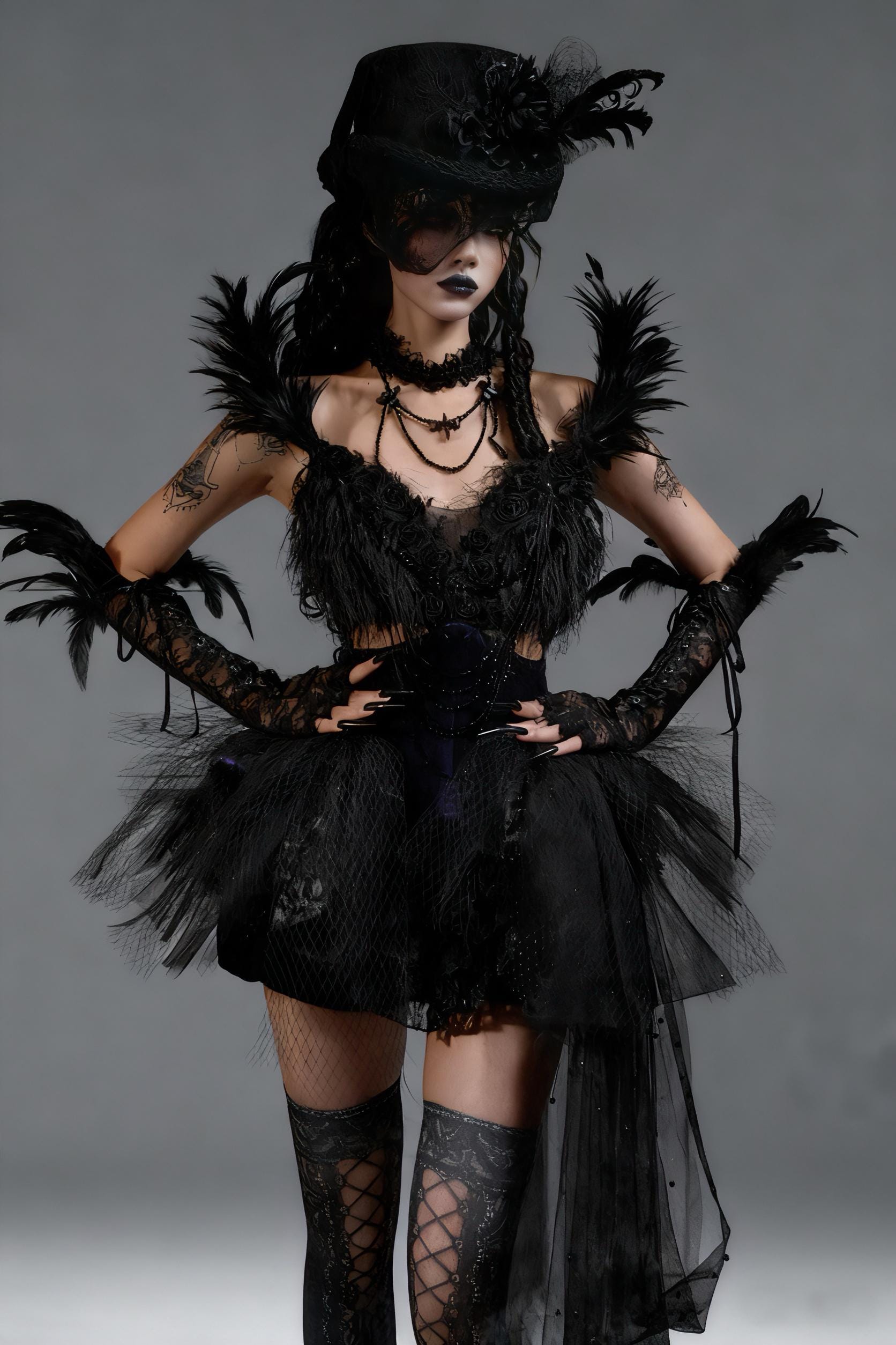 gothic feather dress layered tulle corset mini dress black outfit