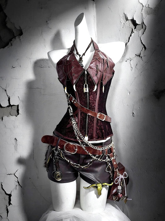 Chain Warden Gothic Pirate Costume: Vegan Leather Corset & Steampunk Shorts, Rave Outfit