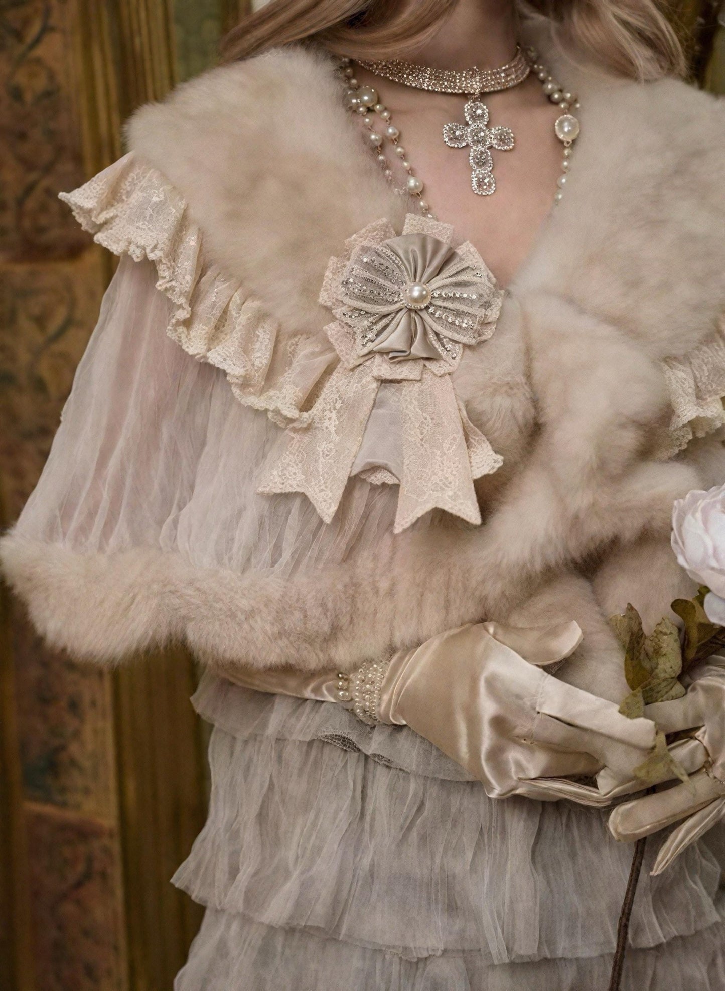 beige vintage faux fur cape lace trim romantic victorian shawl