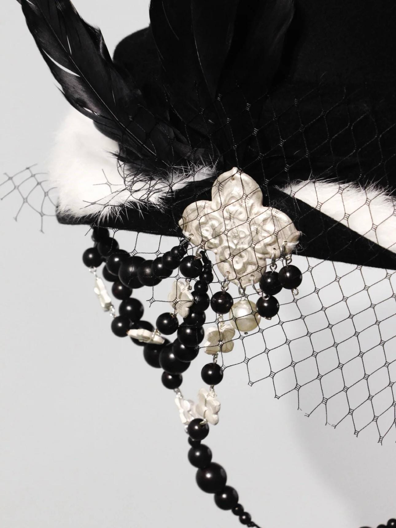 Gothic Wool Veil Hat Fascinator, Ceramic Flower, Feathers, Beaded Drape, Chrisman Victorian Dark Couture, Gift for her