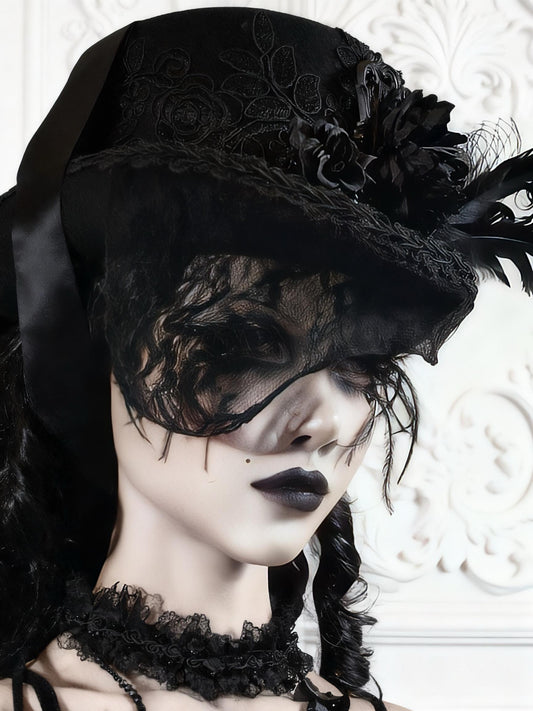Victorian Gothic Wool Lace Top Hat, Victorian Steampunk Duke Hat with Embroidered Flowers & Feathers, Winter Gothic Costume Accessory