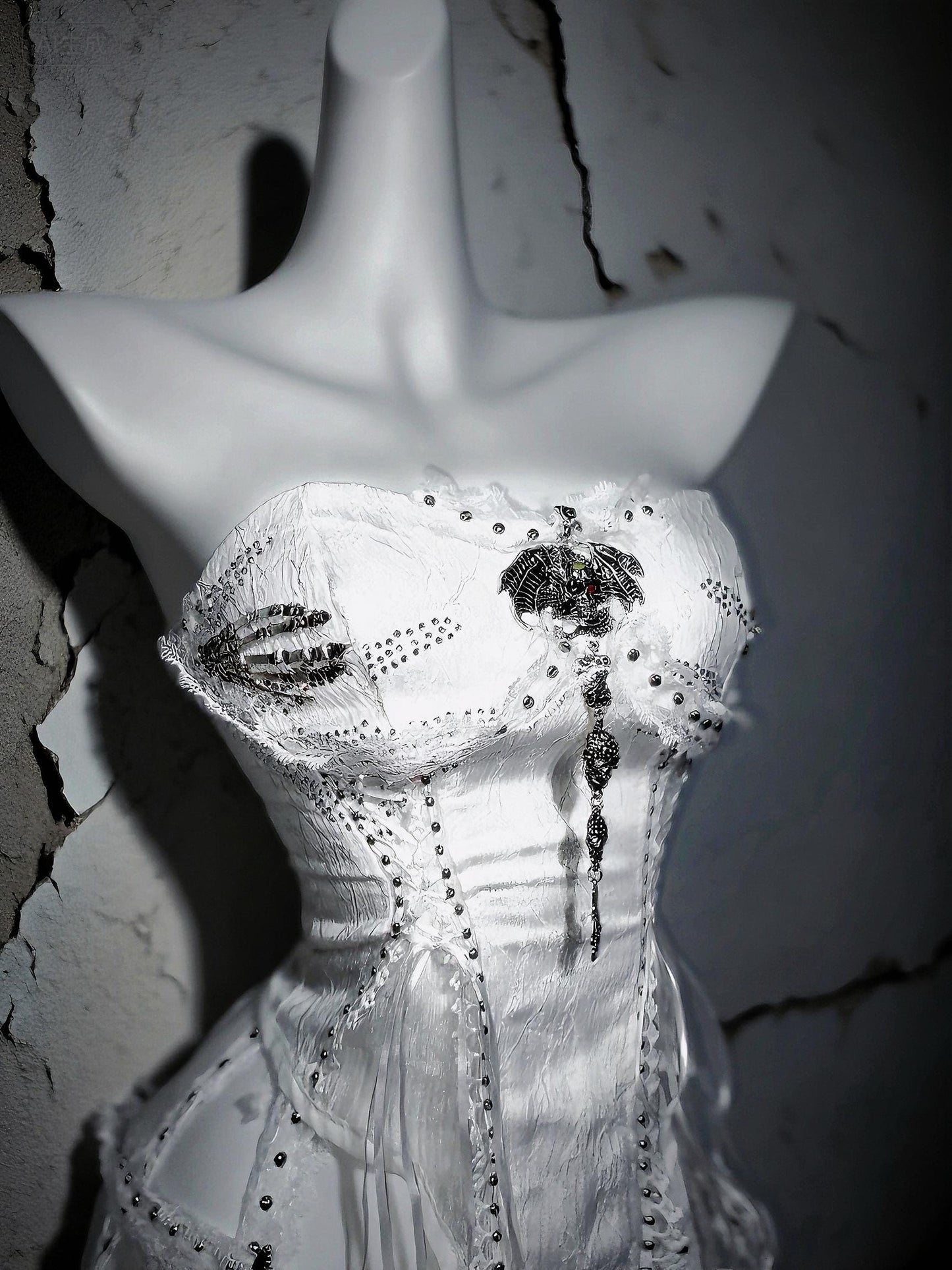 gothic bridal corset white lace skull bustier front detail