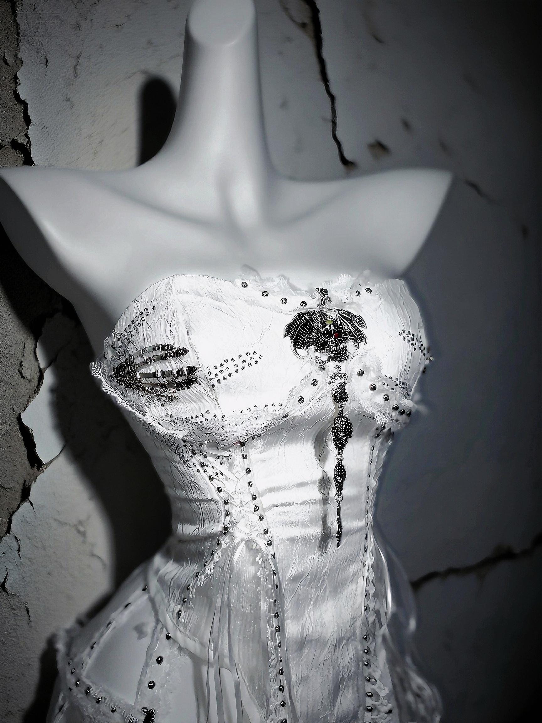 gothic bridal corset white lace skull bustier front detail
