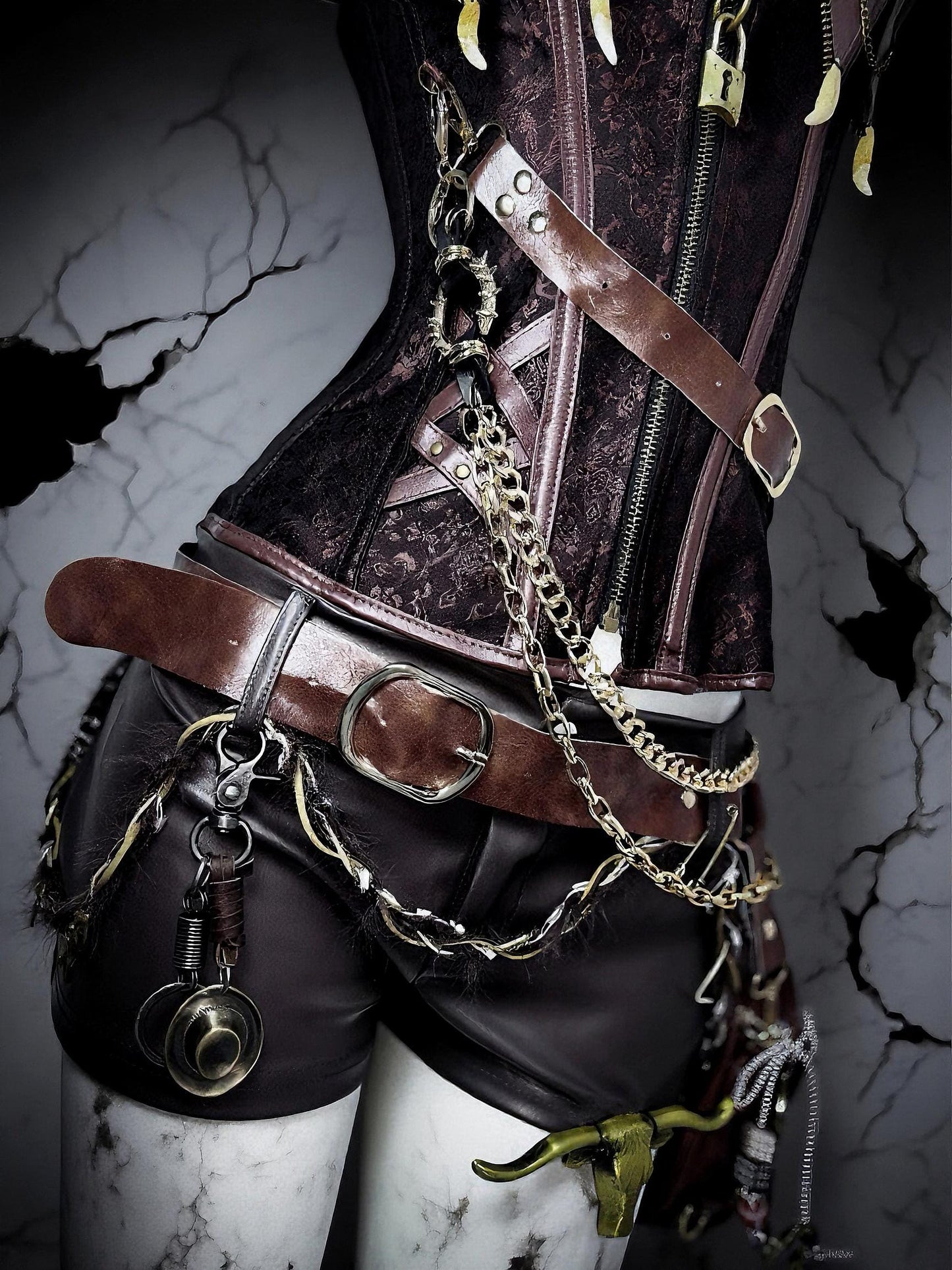 Chain Warden Gothic Pirate Costume: Vegan Leather Corset & Steampunk Shorts, Rave Outfit