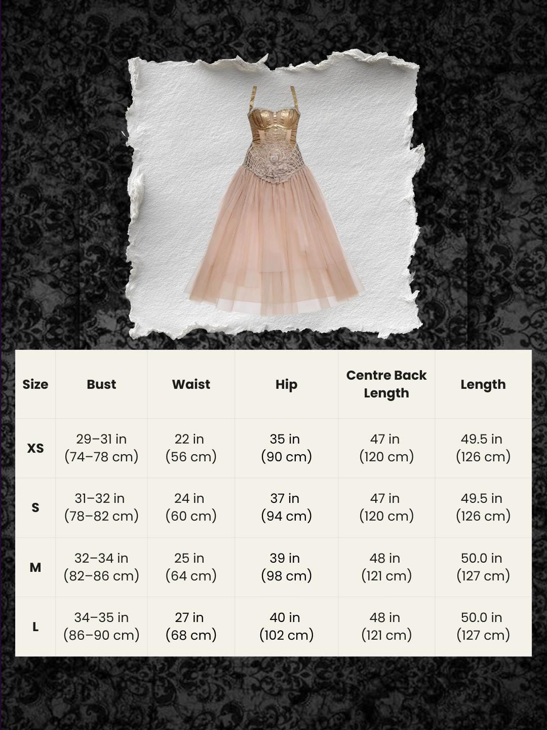 fairycore corset dress size chart measurement guide