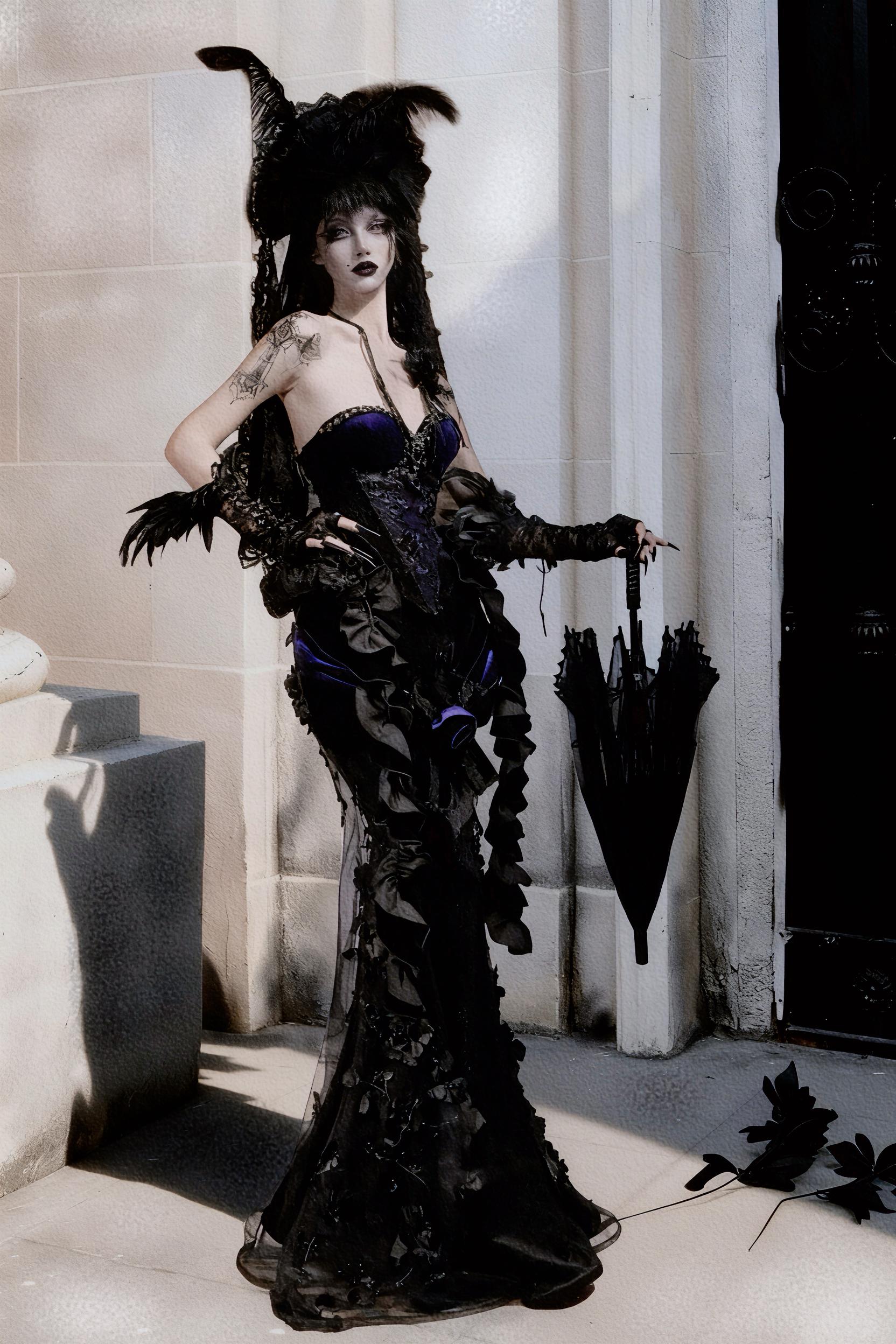 purple gothic corset dress model standing indoor gothic styling