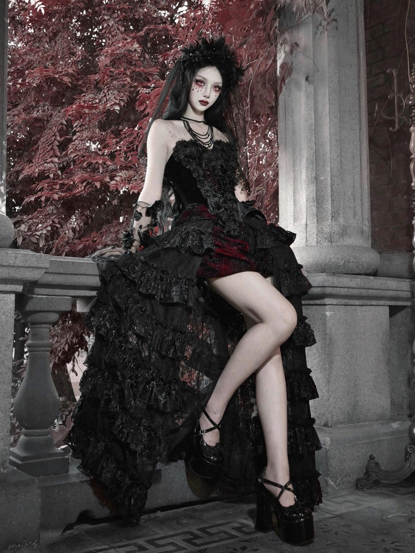 gothic velvet corset dress model sitting dark romantic gothic styling