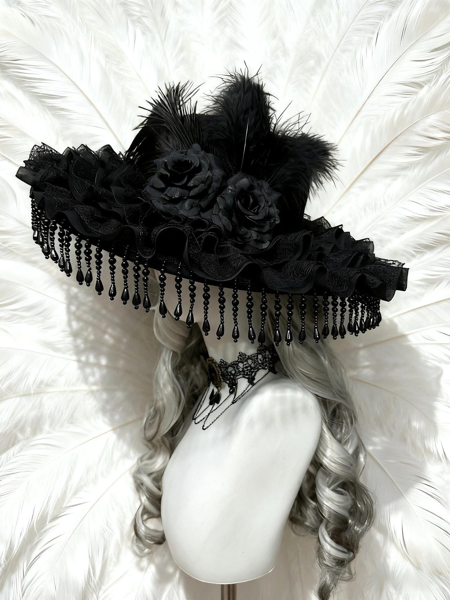 The Mourning Duchess – Gothic Black Lace Hat with Feathers and Roses, Victorian Baroque Ruffle Bonnet, Gift for Cosplayer