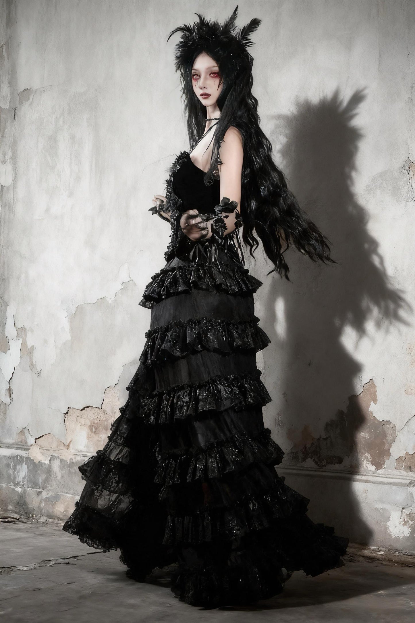 gothic velvet corset dress long skirt layered tulle velvet detail