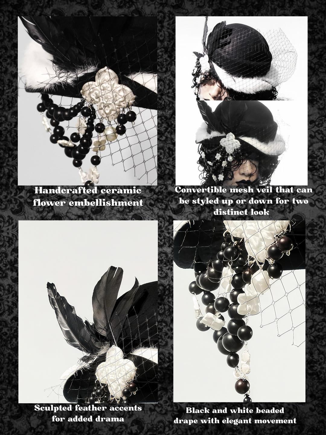 Gothic Wool Veil Hat Fascinator, Ceramic Flower, Feathers, Beaded Drape, Chrisman Victorian Dark Couture, Gift for her