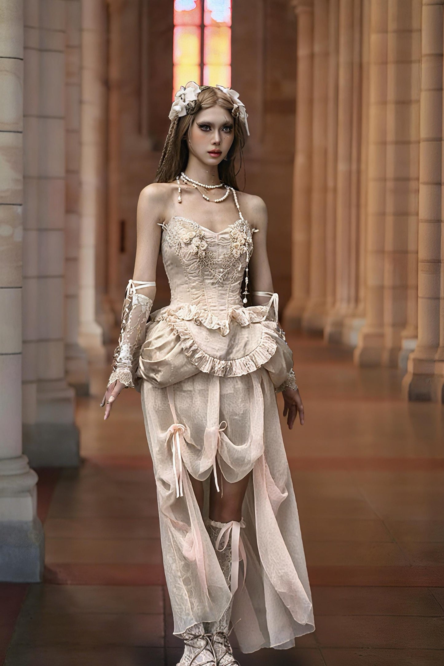 Rococo Blush Garden Corset | 3D Rose Lace Bodice, Fairycore Apron Peplum, Bridal fantasy themes, Xmas & New Year Outfit, Baroque Party Dress