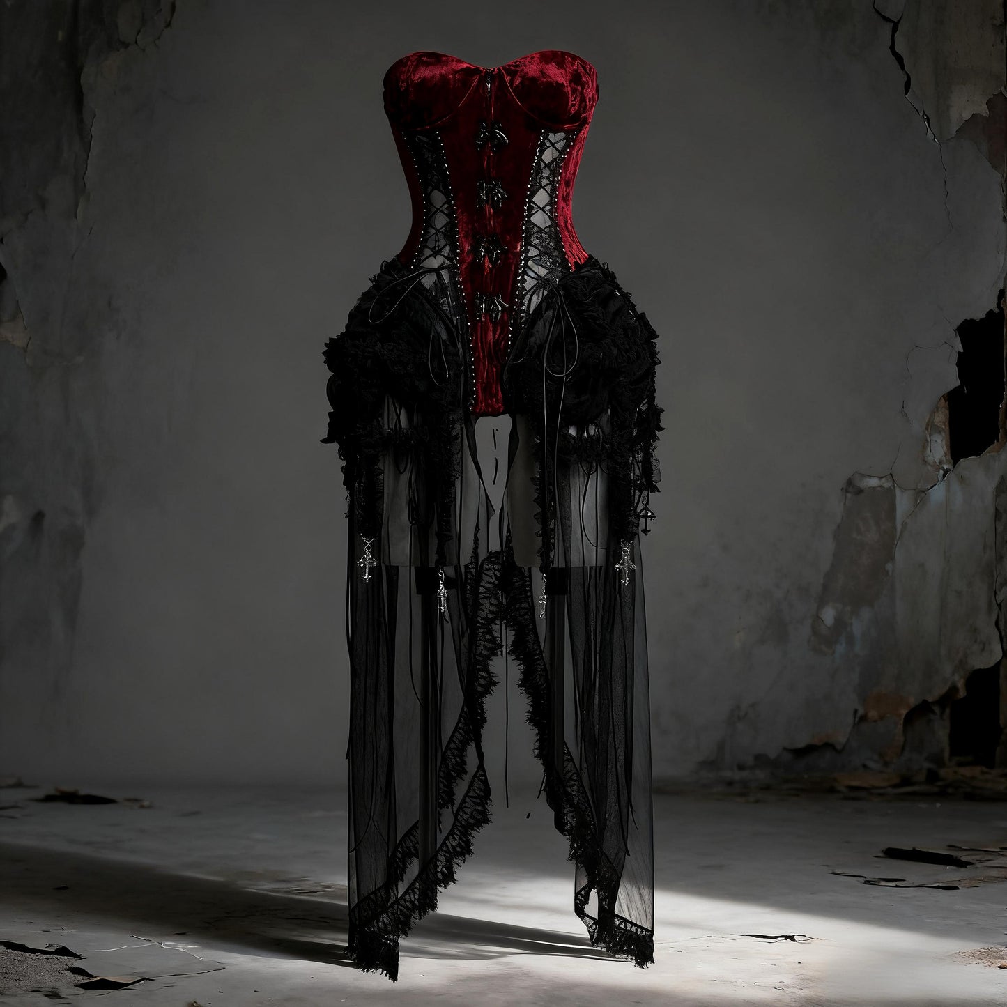 Medieval Countess Velvet Gothic Corset 3 Pieces Set, Red Velvet and Black Lace Cage Skirt,  Scarlet Alice, New Year Party, Coctail Dress