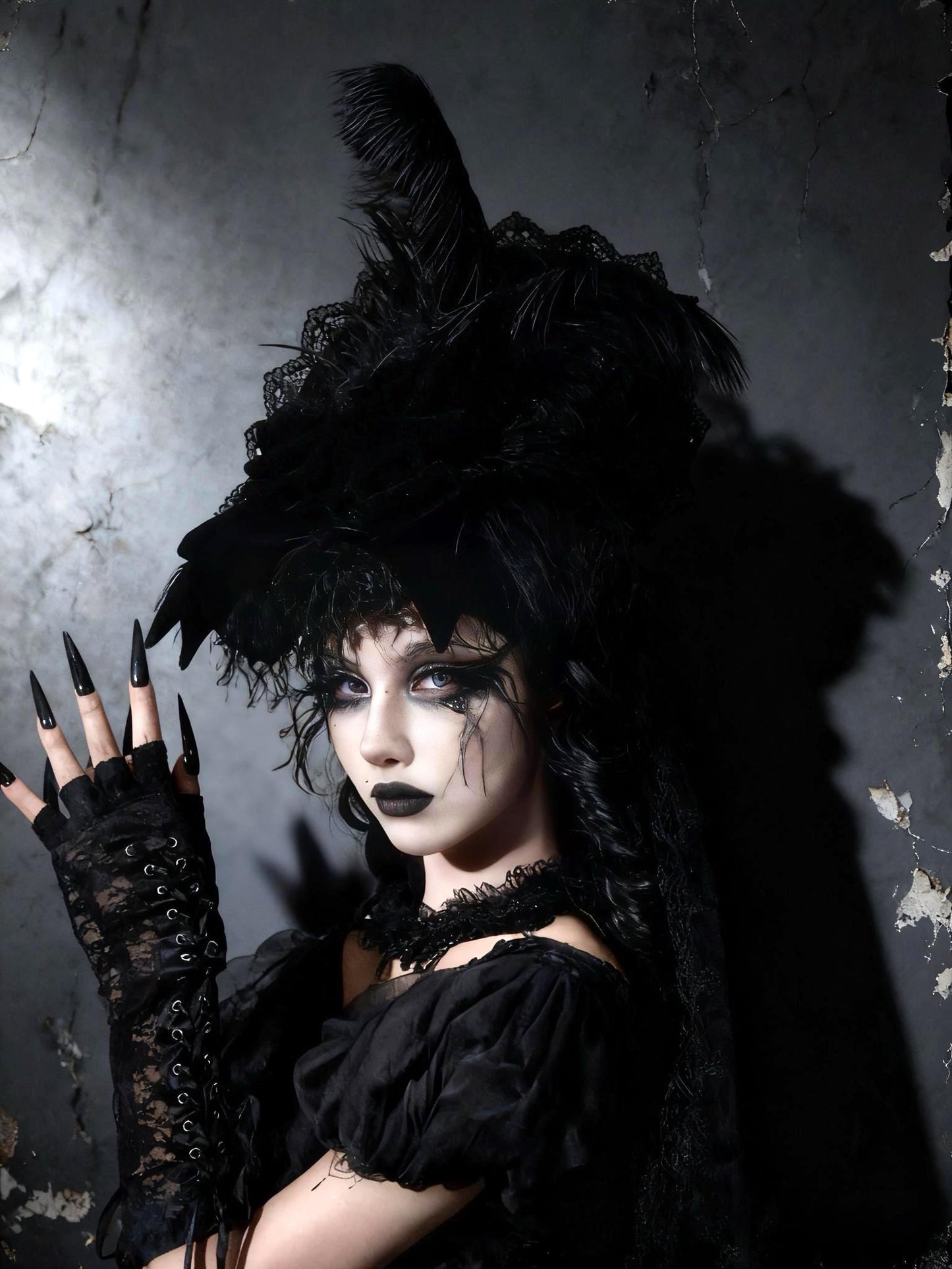 Gothic Feather Hat with Tulle Train– Black Witch Headpiece, Halloween Cosplay Veiled Hat, Victorian Gothic Costume Accessory