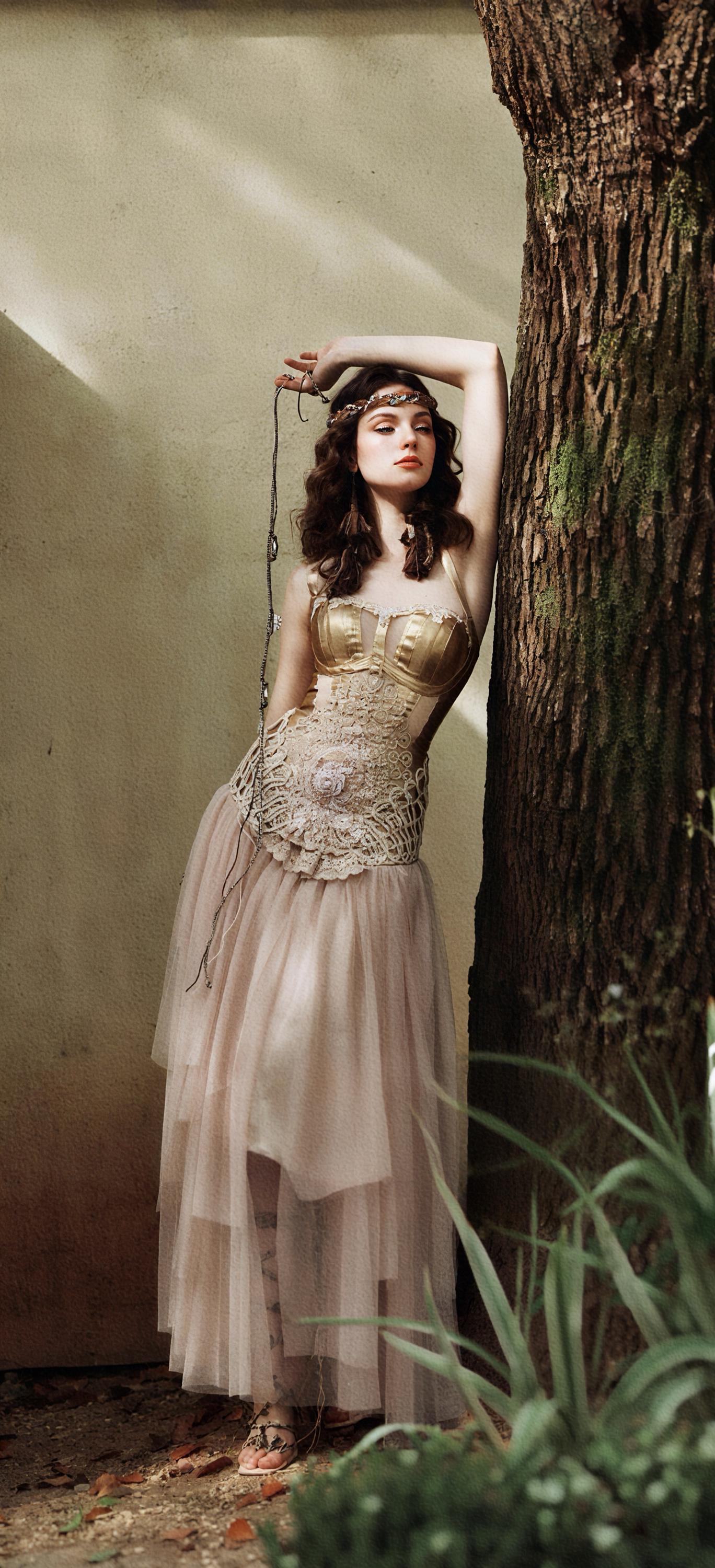 fairycore corset dress model standing soft light fairy aesthetic look
