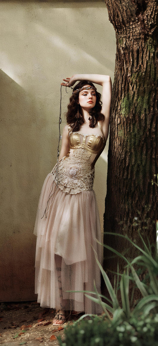 Golden Fairycore Corset Tulle Dress, Vintage-Inspired Lace Bodice Gown, Art Nouveau Fairy Dress, Romantic Couture Outfit, Gift for Her