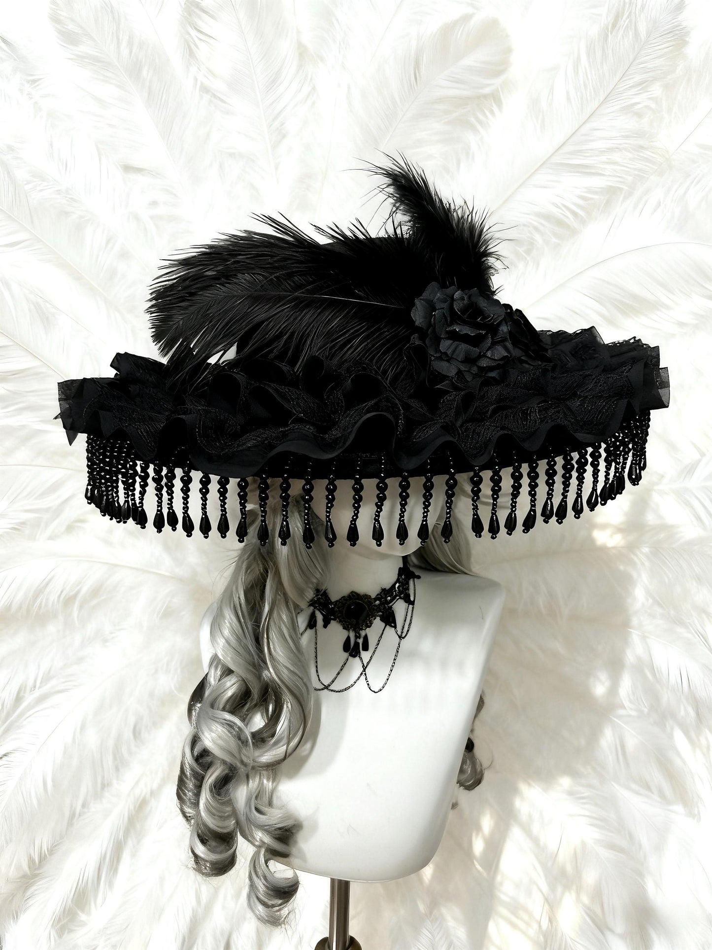 The Mourning Duchess – Gothic Black Lace Hat with Feathers and Roses, Victorian Baroque Ruffle Bonnet, Gift for Cosplayer