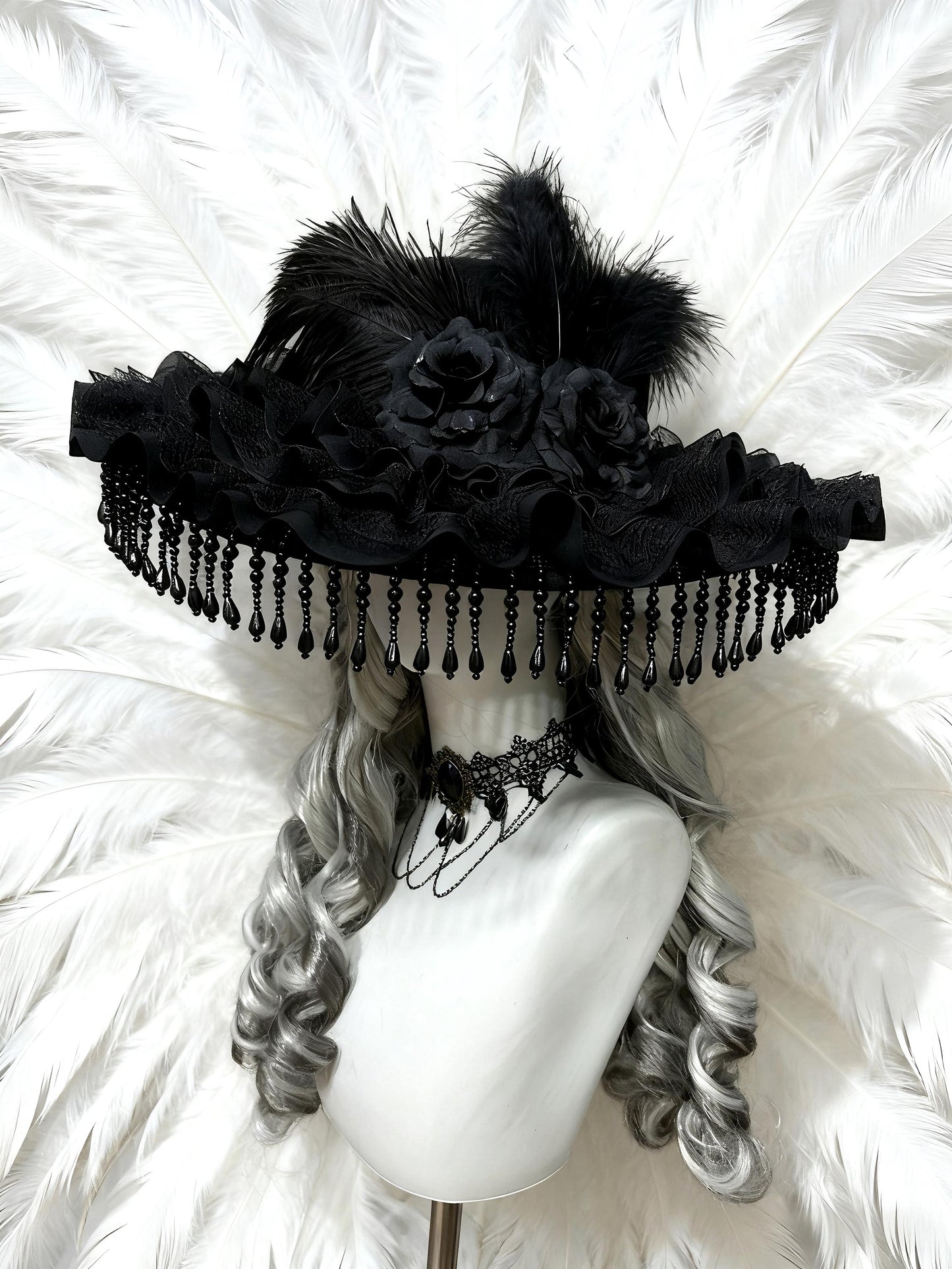 The Mourning Duchess – Gothic Black Lace Hat with Feathers and Roses, Victorian Baroque Ruffle Bonnet, Gift for Cosplayer