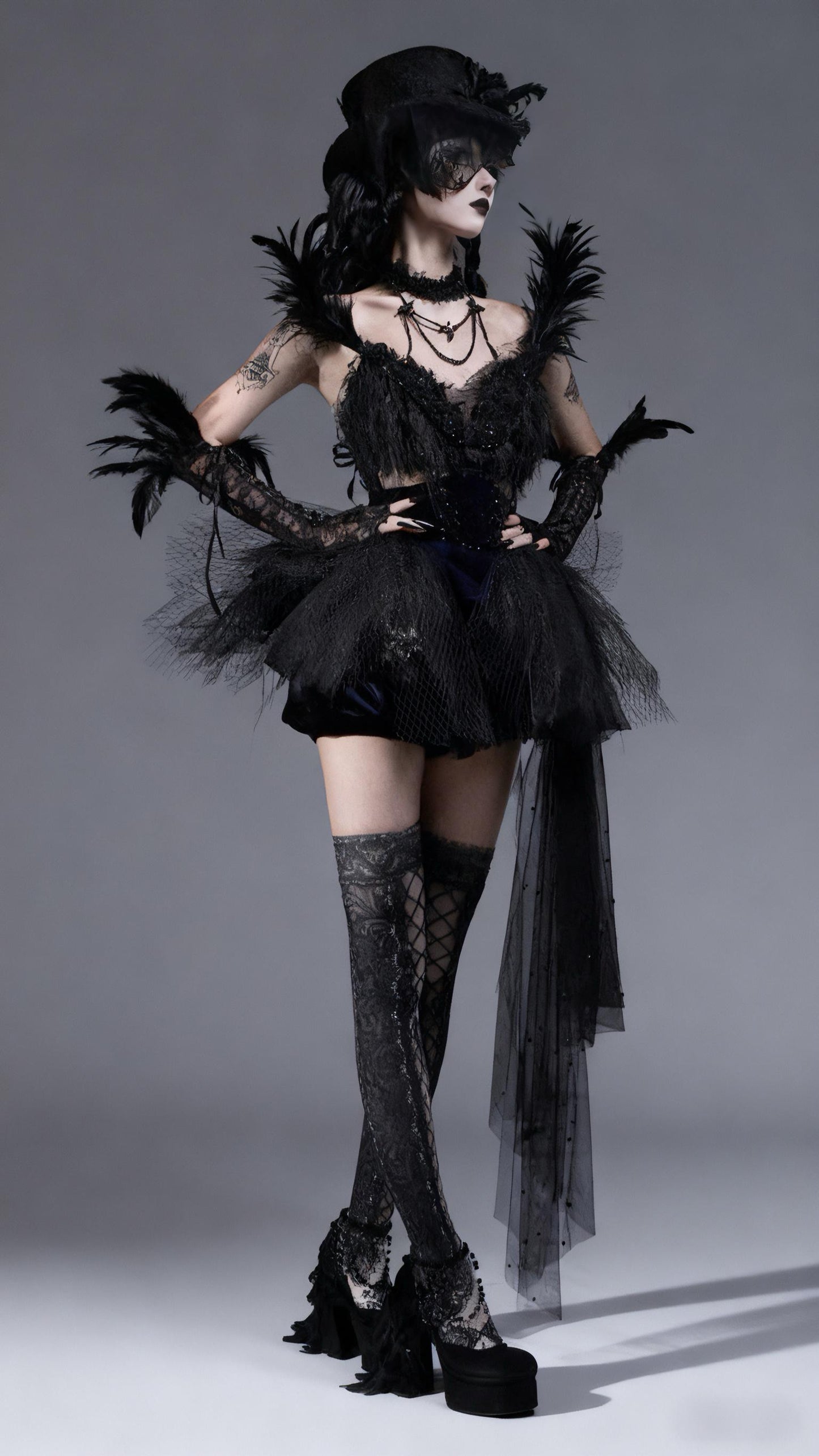 gothic feather dress black corset mini dress full body view