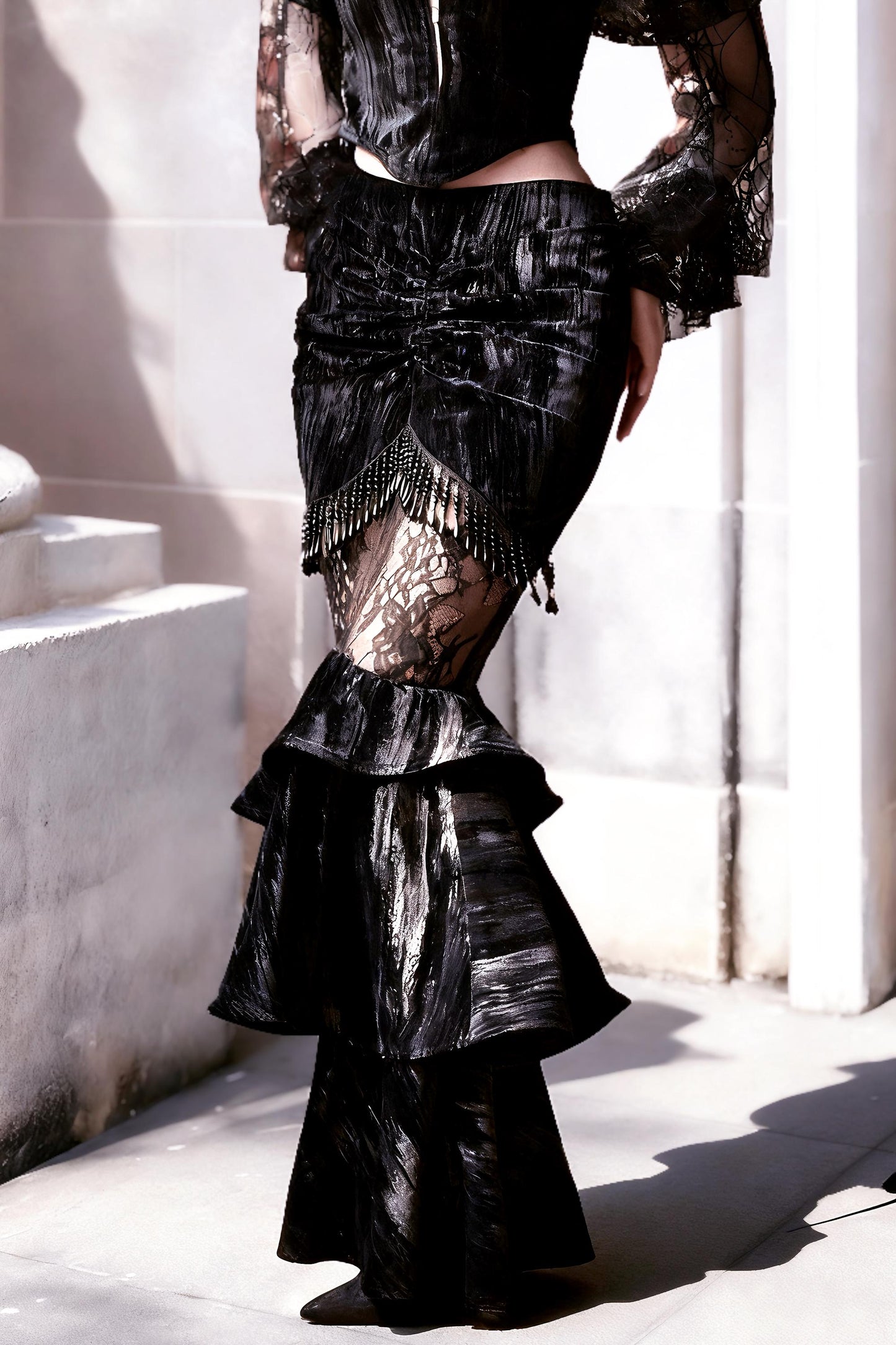 gothic velvet outfit close up velvet texture lace and beaded detail