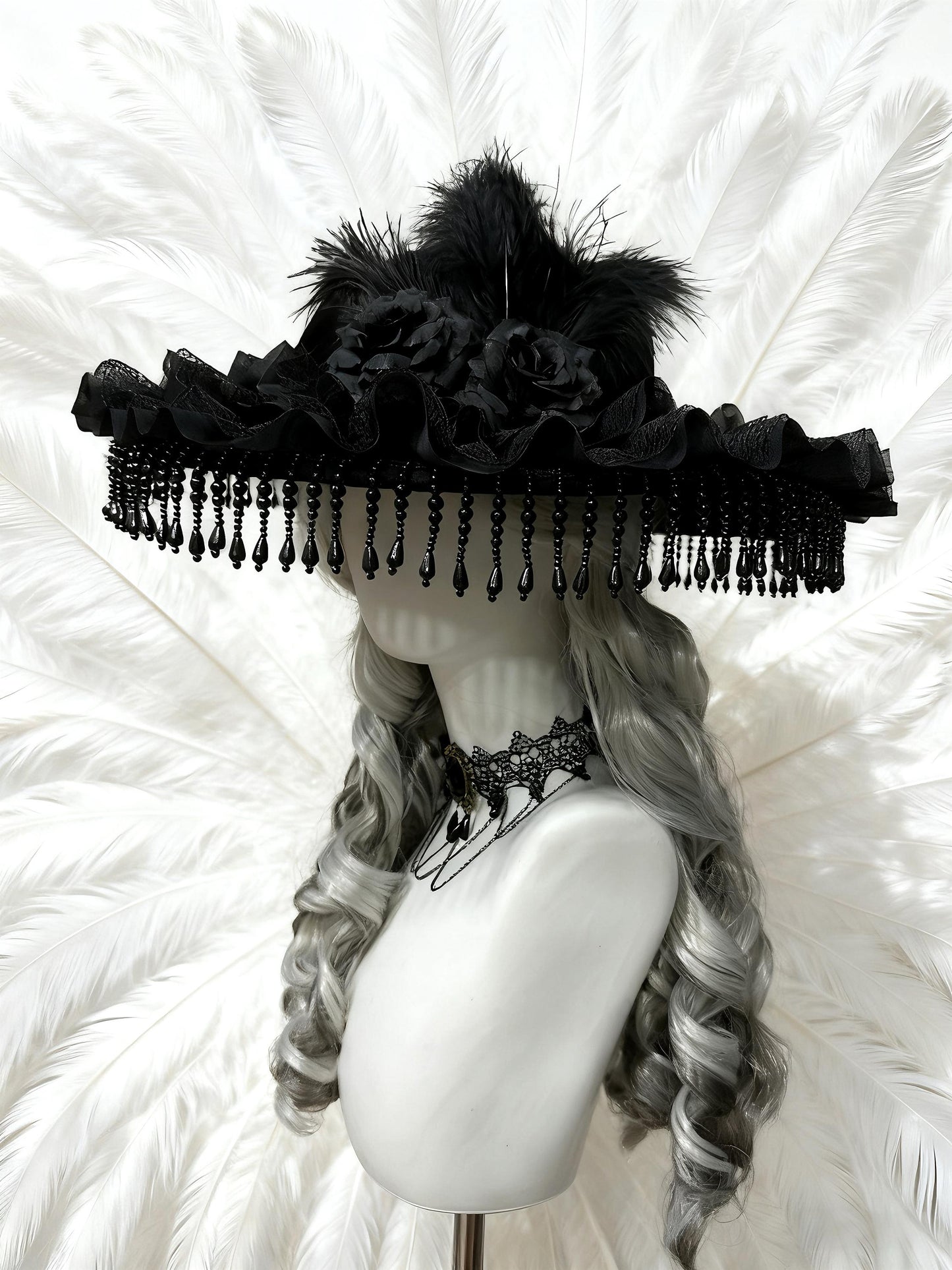 The Mourning Duchess – Gothic Black Lace Hat with Feathers and Roses, Victorian Baroque Ruffle Bonnet, Gift for Cosplayer