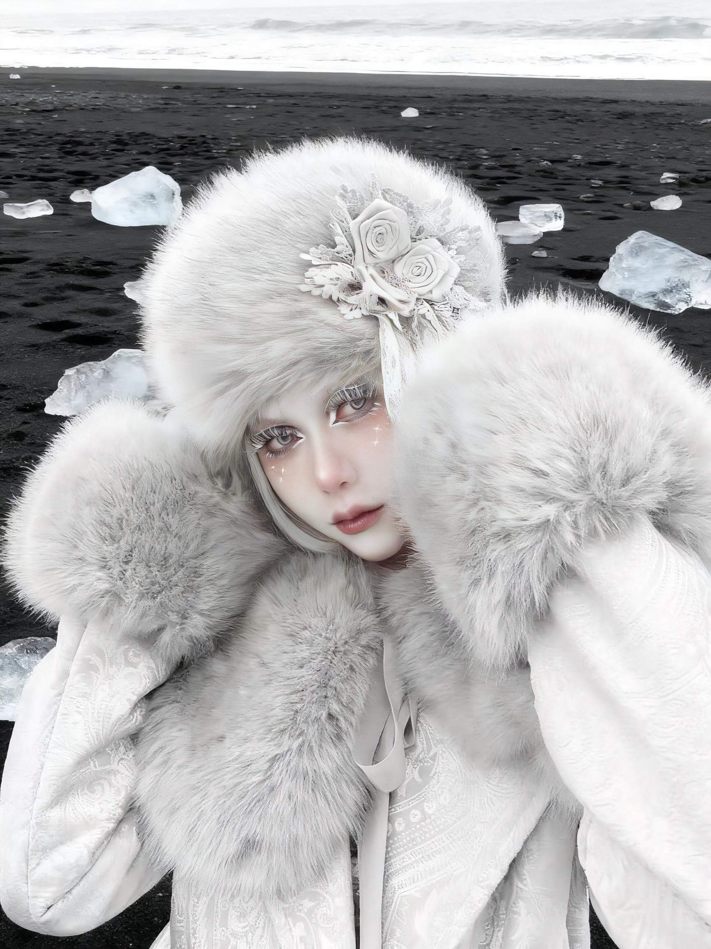 Alternative Gothic Faux Fur Winter Hat Lace Rose
