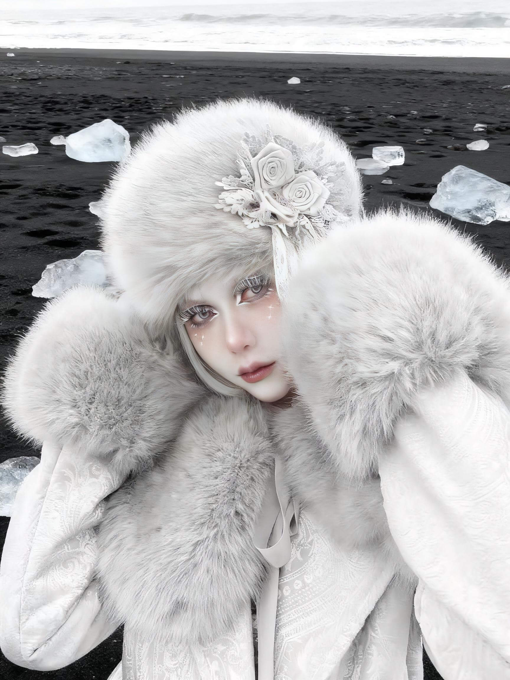 Alternative Gothic Faux Fur Winter Hat Lace Rose
