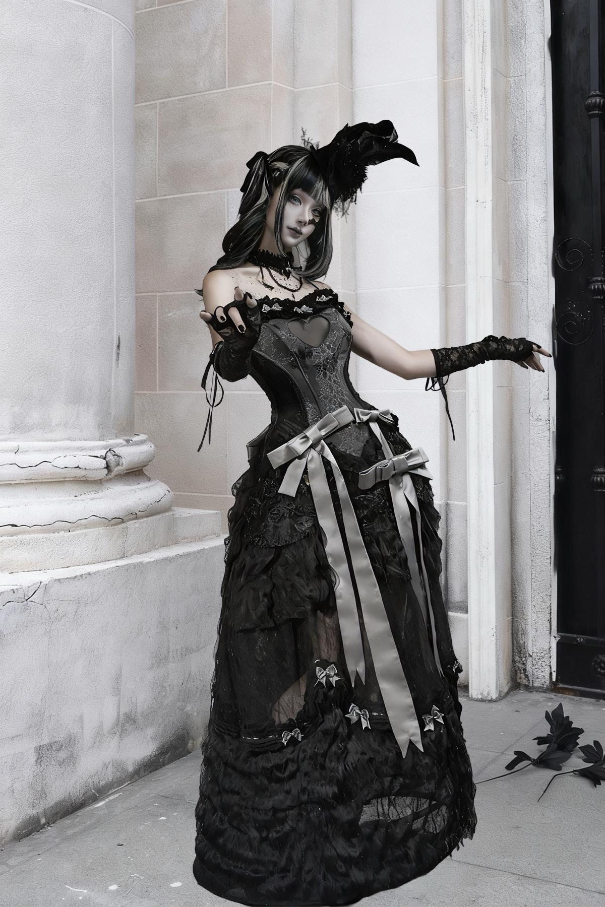 Gothic Black Heart Corset Top – Sheer Mesh Bustier with Jacquard Fabric & Cotton Lace Trim Dark Romantic Lace Up Corset, Gift for Cosplayer