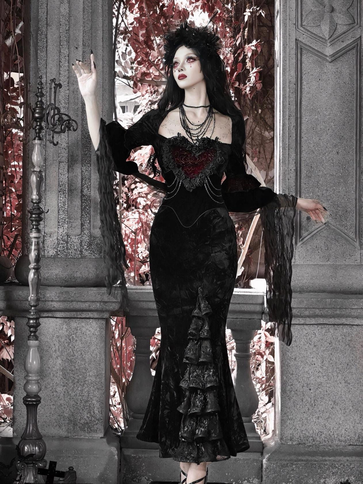red gothic velvet dress victorian mermaid evening gown