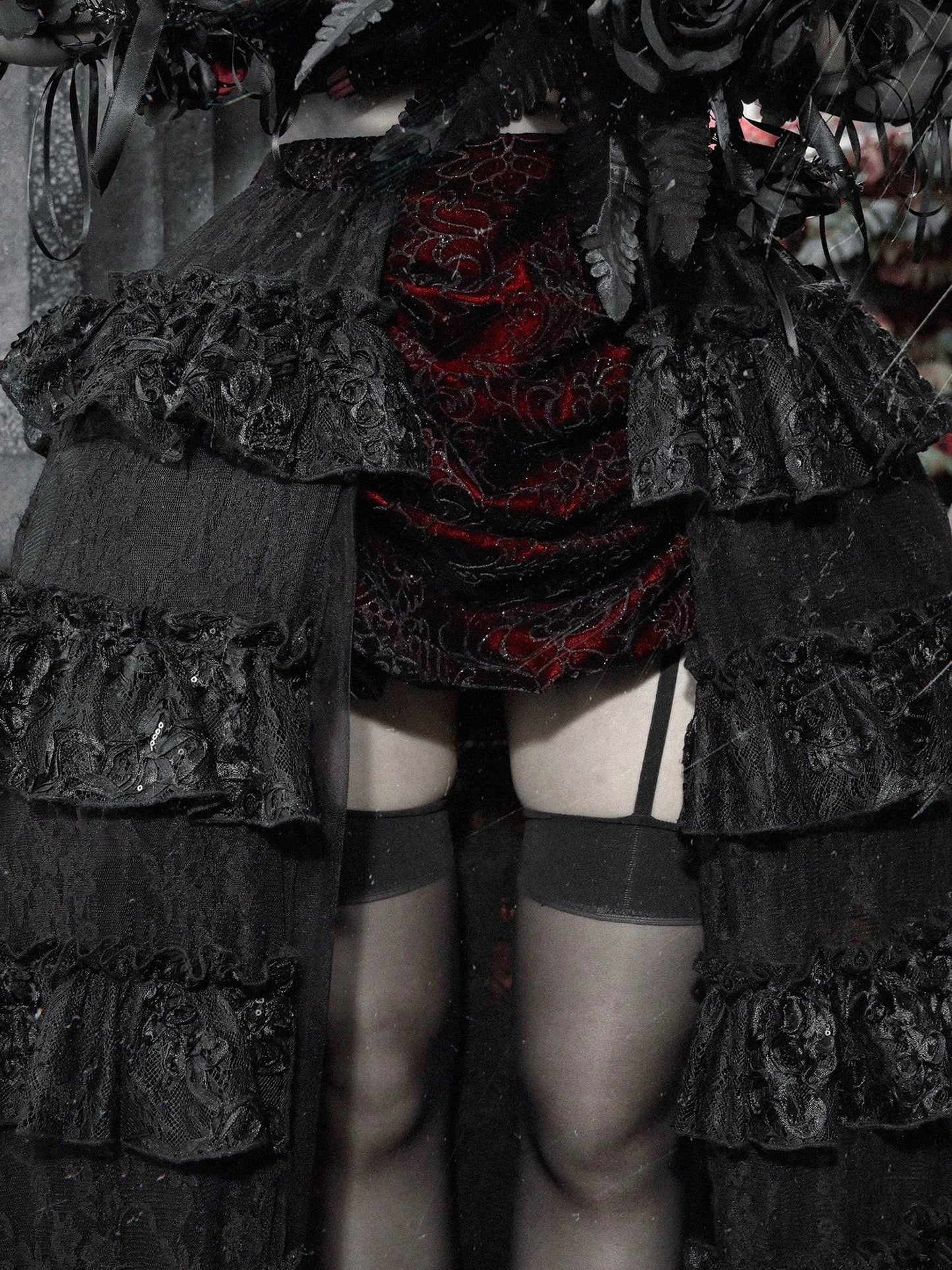 gothic velvet corset dress close up waist lace corset structure detail