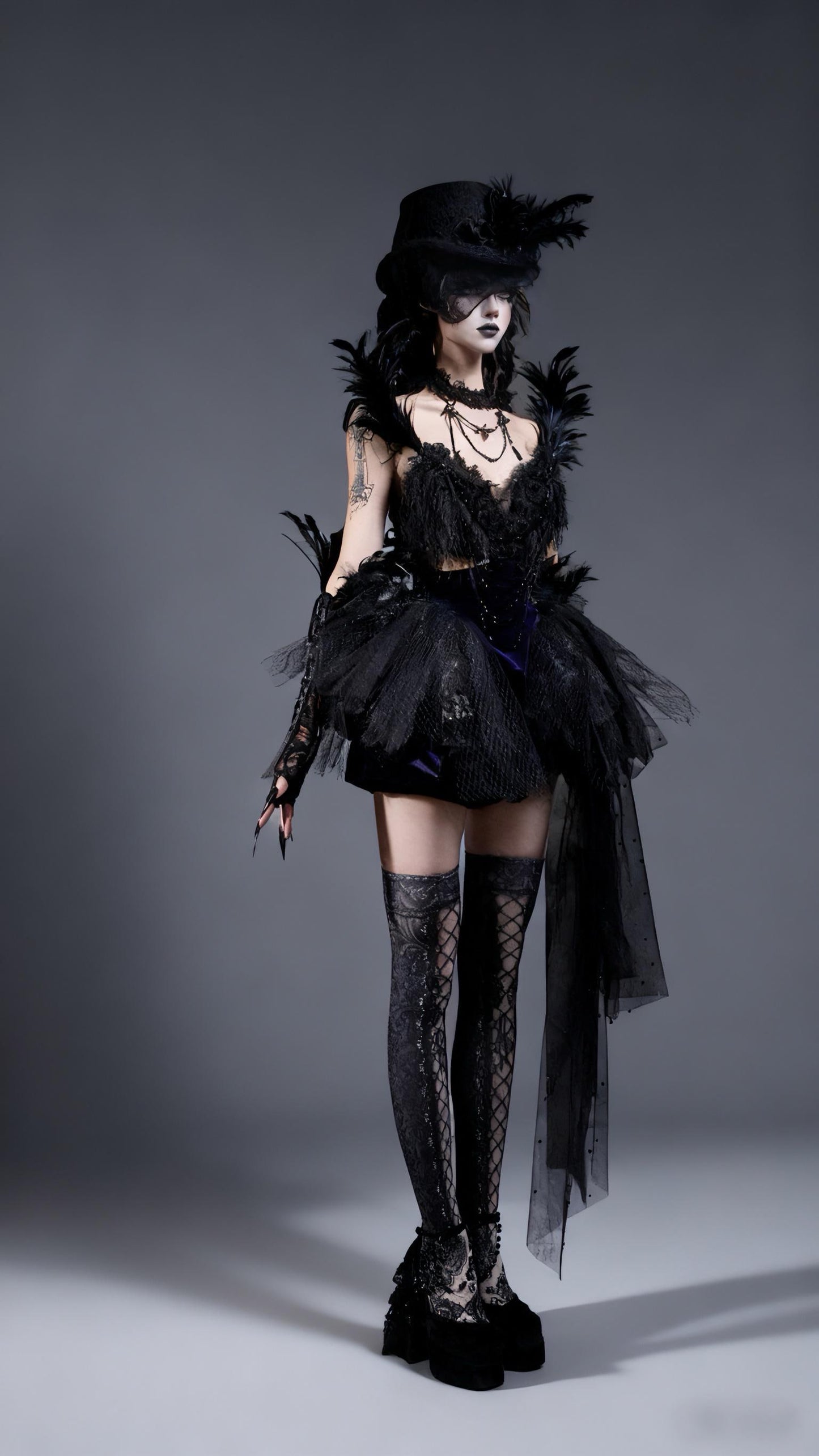 gothic feather dress black corset mini dress full body view