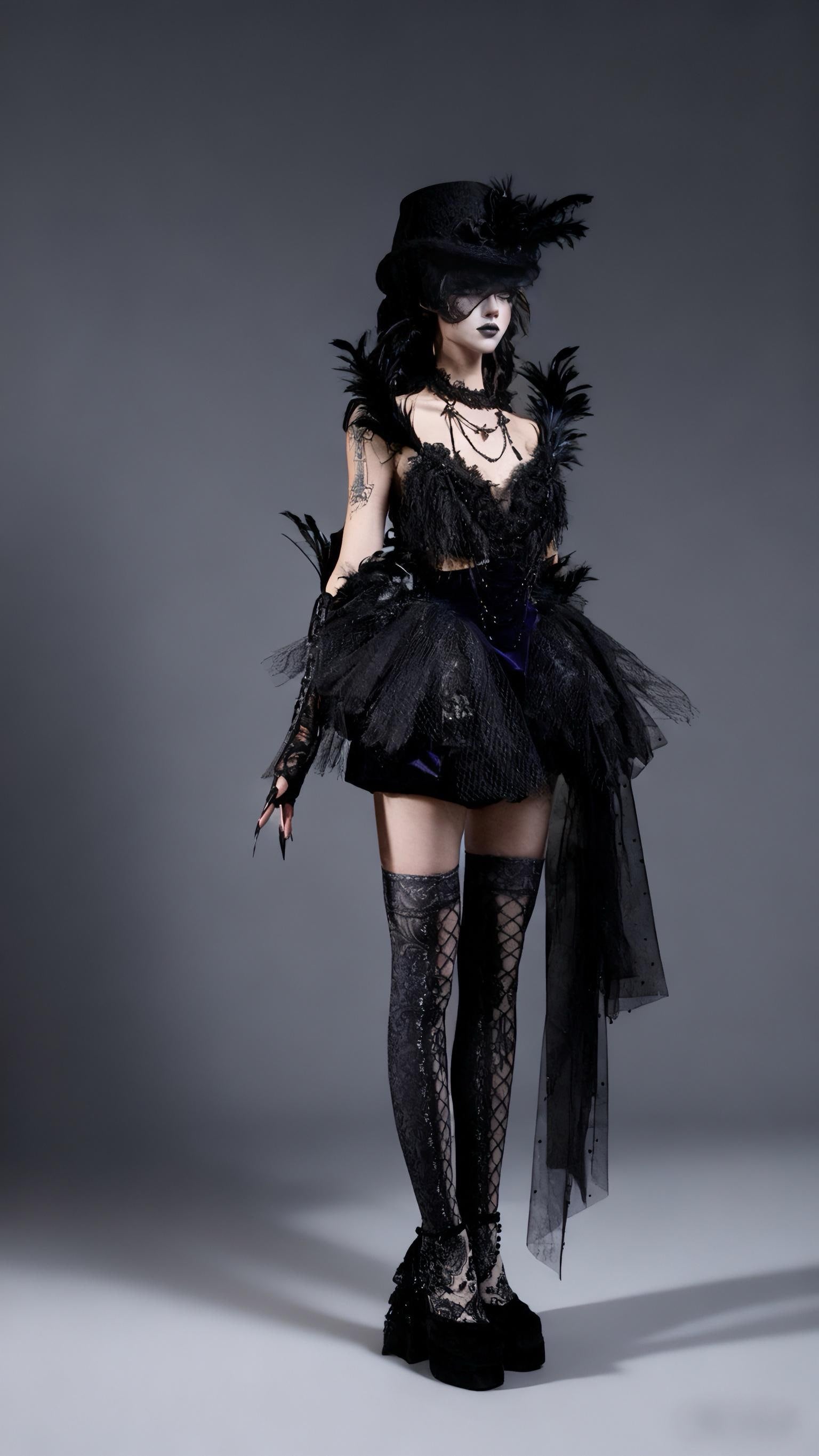 gothic feather dress black corset mini dress full body view
