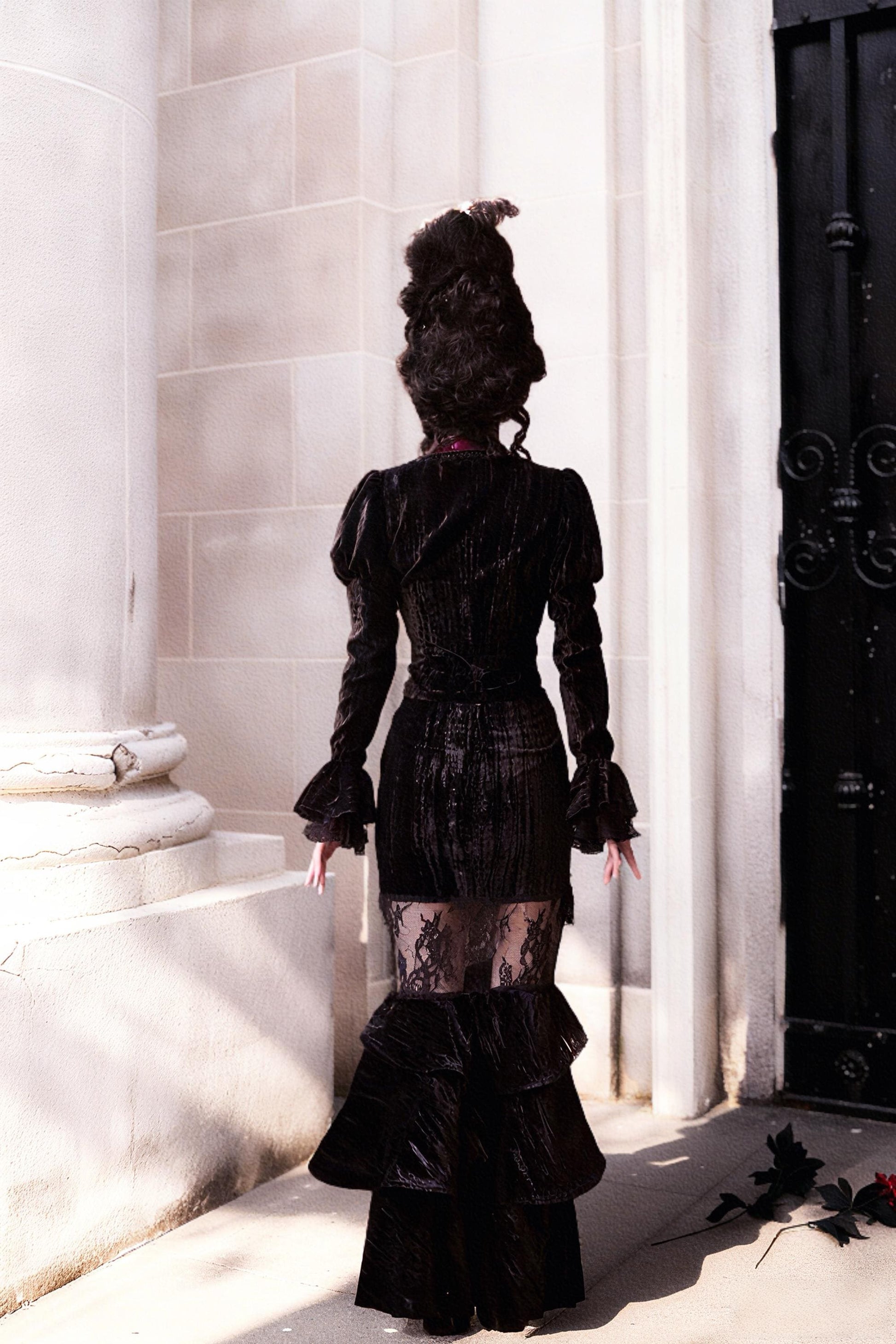 gothic velvet outfit black red mermaid skirt full body front view