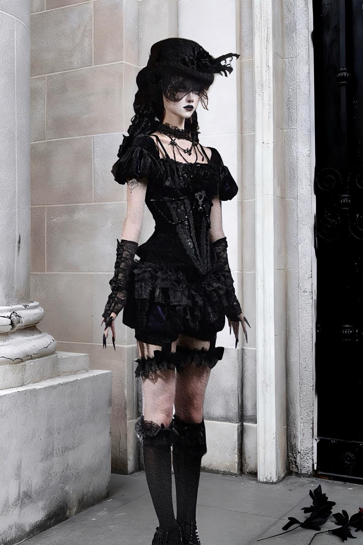 Nocturne Ruffle Bloomers | Gothic Lace Shorts with Detachable Garters, Victorian Baroque Ruffled Lingerie, Dark Romantic Outfit