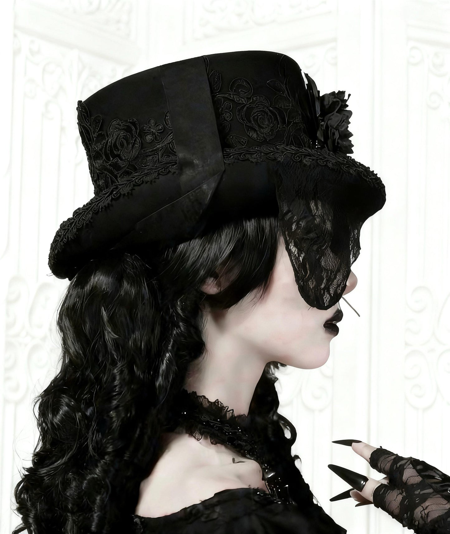 Victorian Gothic Wool Lace Top Hat, Victorian Steampunk Duke Hat with Embroidered Flowers & Feathers, Winter Gothic Costume Accessory
