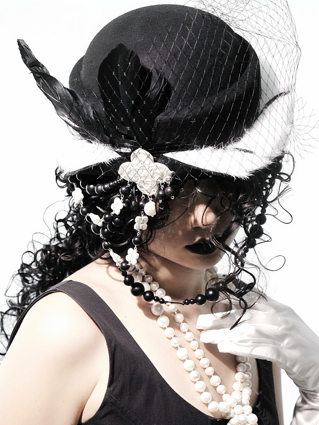 Gothic Wool Veil Hat Fascinator, Ceramic Flower, Feathers, Beaded Drape, Chrisman Victorian Dark Couture, Gift for her