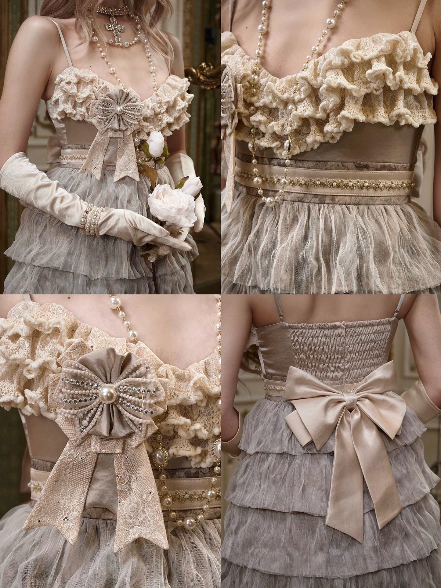 Vintage Ruffled Lace Dress with Detachable Bow | Romantic French Style Dress | Gift for Her, Birthday, Party Dress, Crystal Tights Set