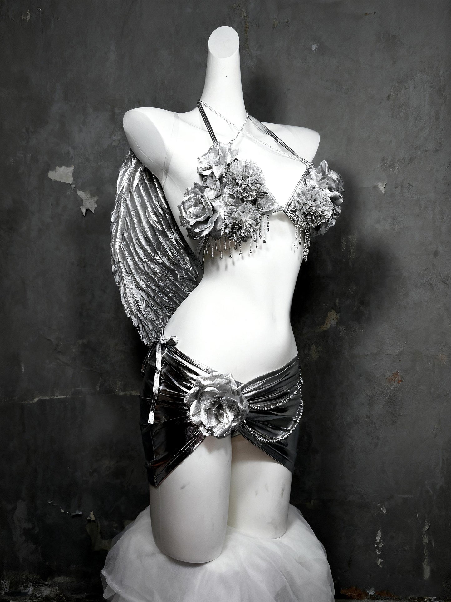 Chrome Angel Silver Rave Bikini Set with Wings, Futuristic Cyber Angel Festival Rave Outfit, 3 Piece Set, Fairy Cosplay Costume,  Ravewear.