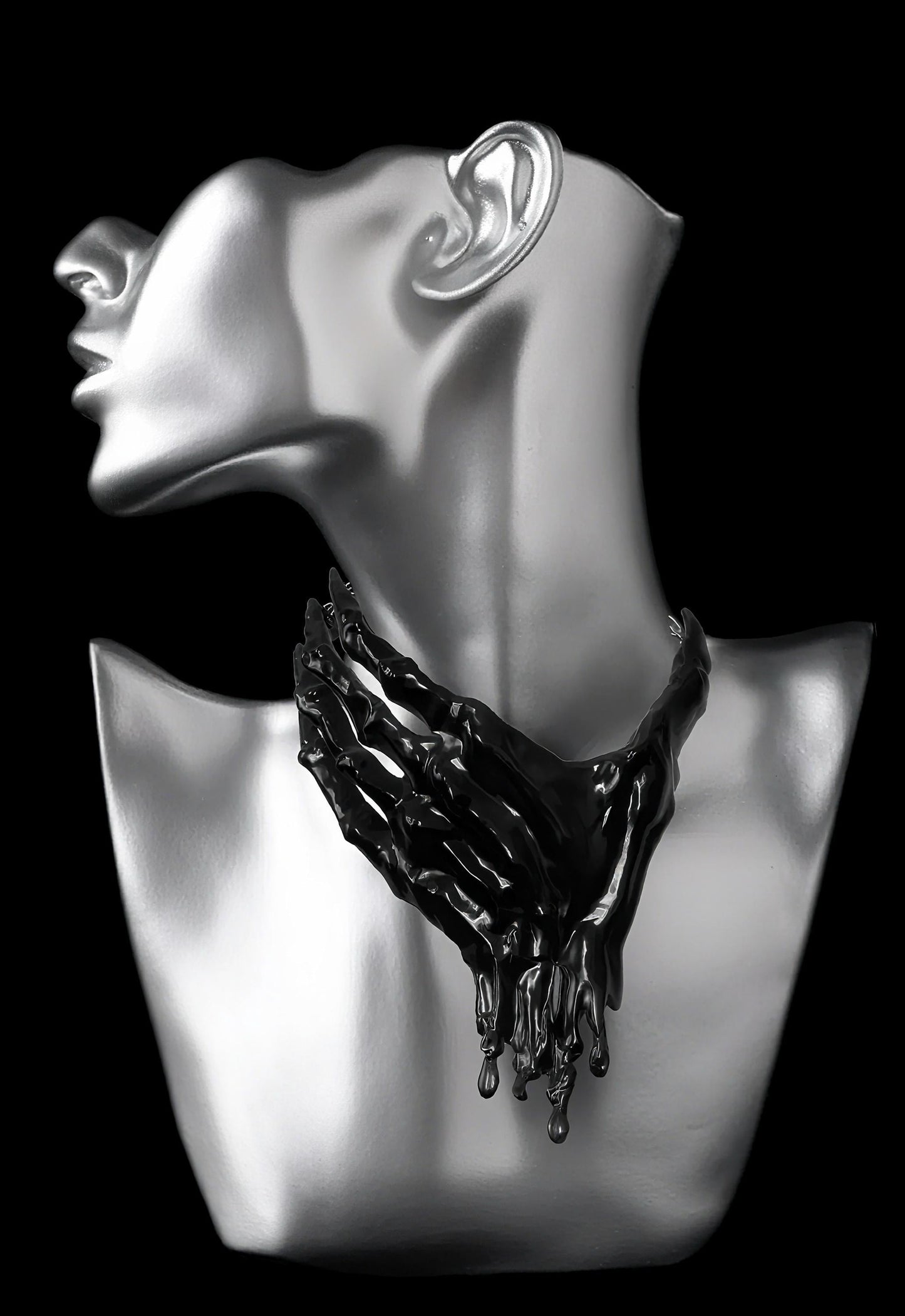 Gothic Skeleton Hand Necklace – 3D Printed Resin Statement Choker with Alloy Chain, Dripping Blood White or Black, Horror Art Jewelry, Rave