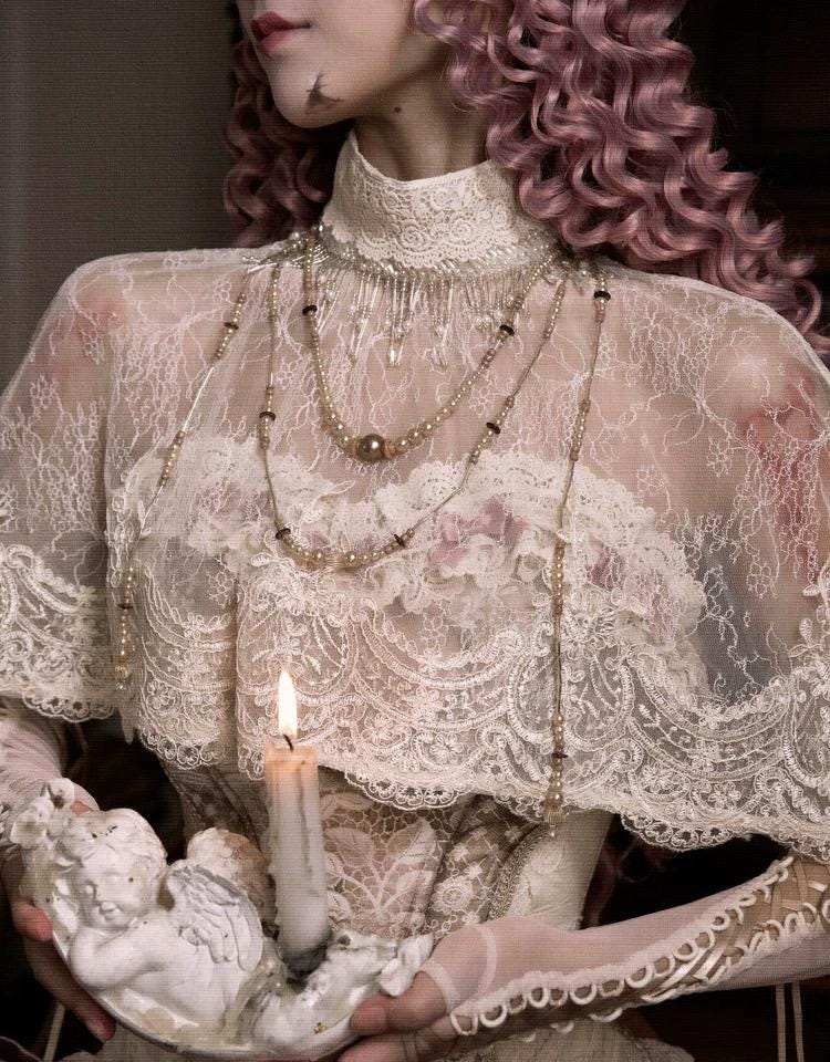Victorian Lace Cape Top with Pearl Necklace, Sheer Gothic Lace Blouse, Antique Style Beaded Necklace, Romantic Gothic Layering Piece