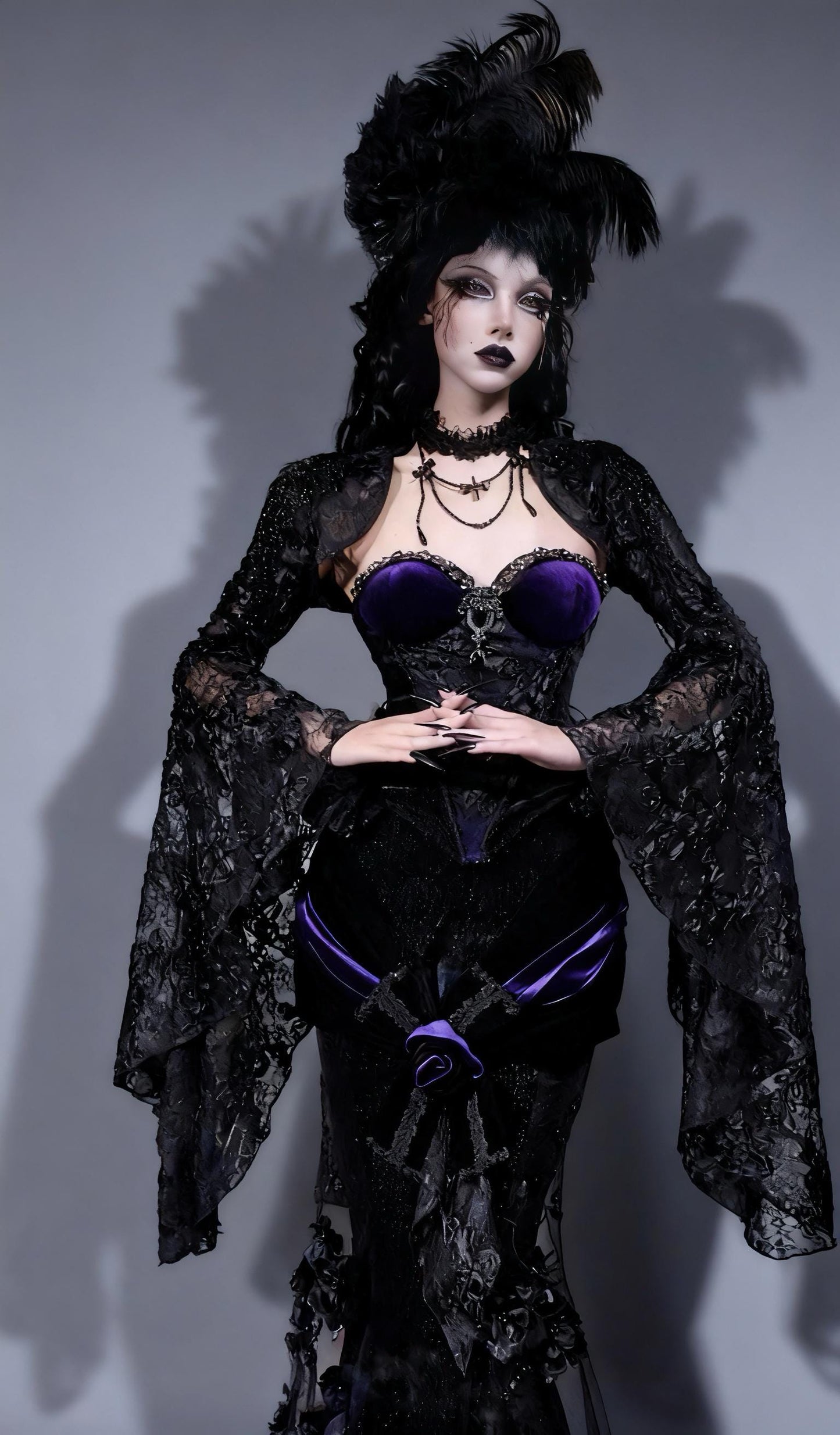Gothic lace bolero model wearing lace shrug