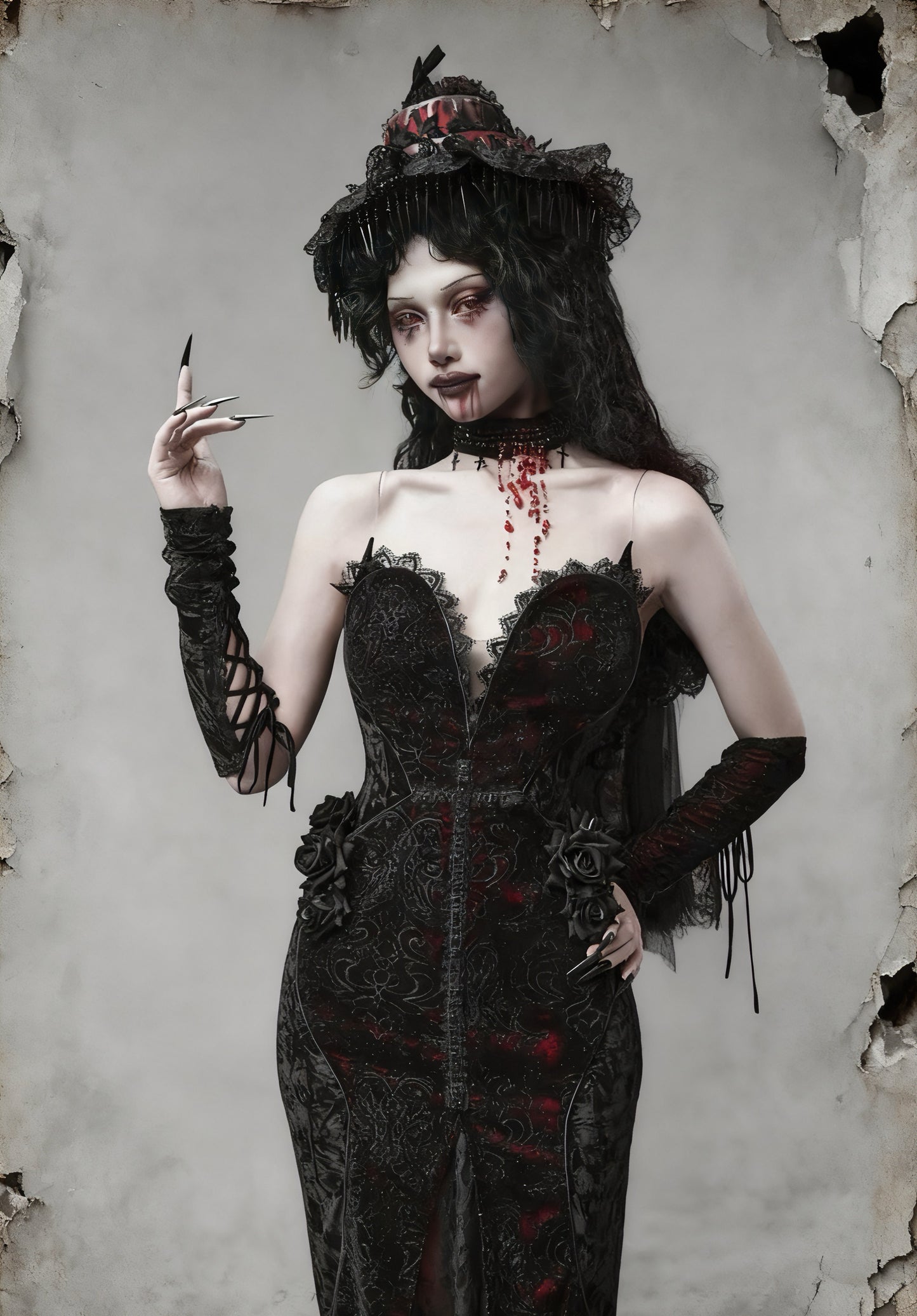 Scarlet Witch Gothic Mermaid Dress | Black Velvet Corset Gown, Dark Red Lace Evening Dress, Holiday Vampire Ball Outfit