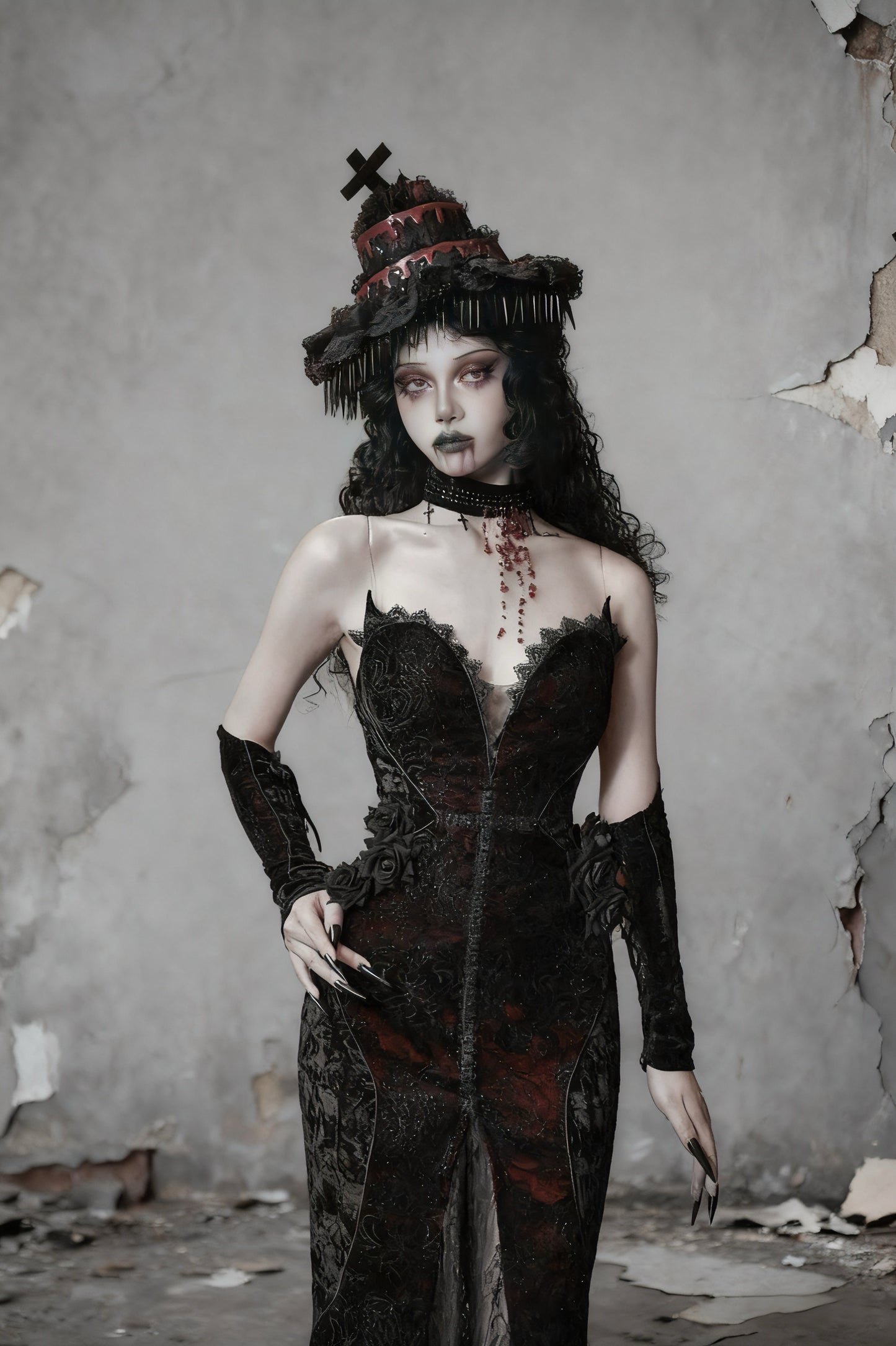 Scarlet Witch Gothic Mermaid Dress | Black Velvet Corset Gown, Dark Red Lace Evening Dress, Holiday Vampire Ball Outfit