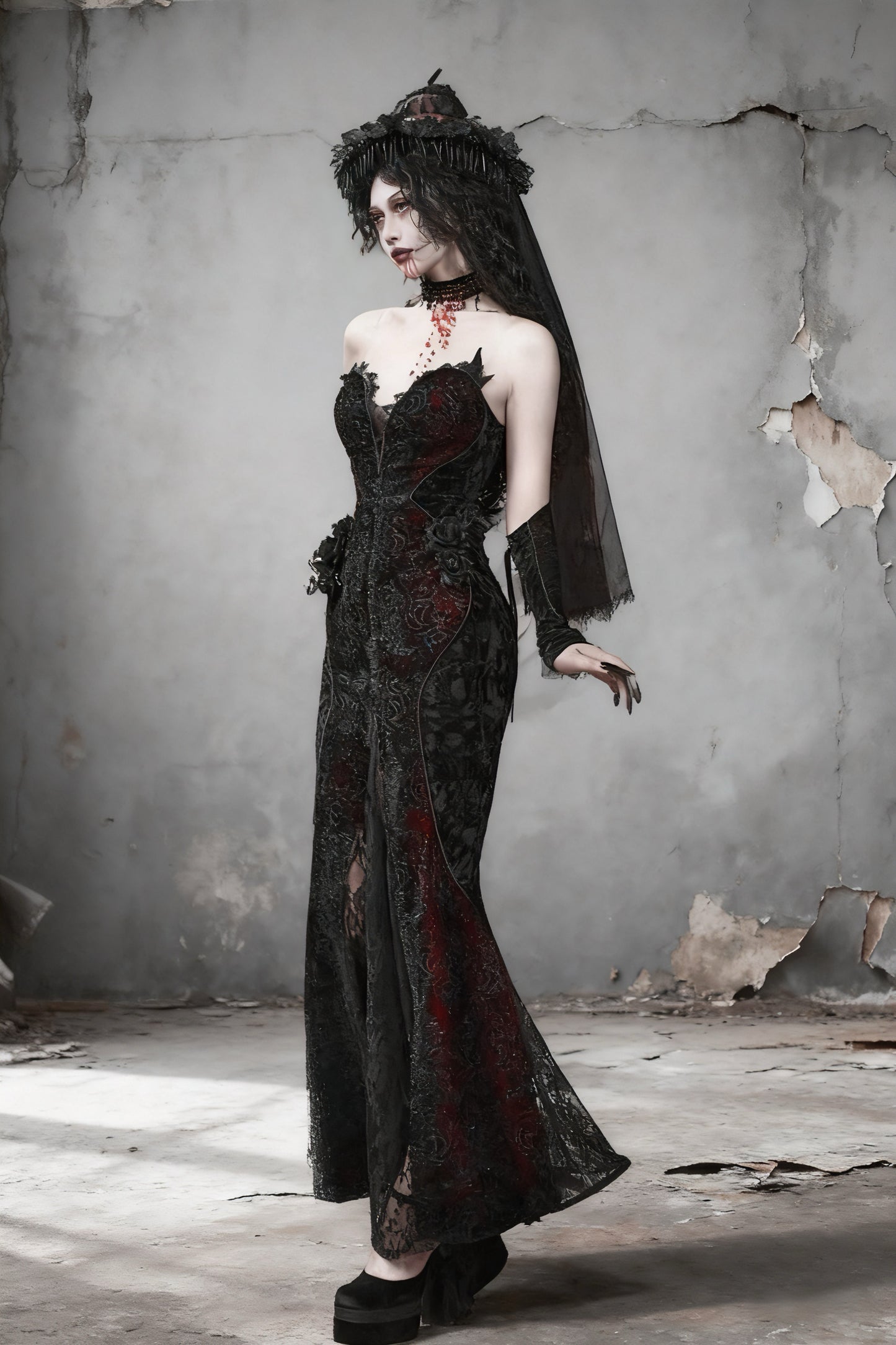 Scarlet Witch Gothic Mermaid Dress | Black Velvet Corset Gown, Dark Red Lace Evening Dress, Holiday Vampire Ball Outfit