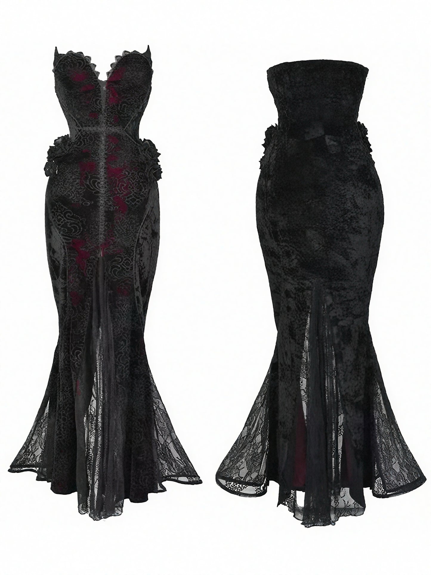Scarlet Witch Gothic Mermaid Dress | Black Velvet Corset Gown, Dark Red Lace Evening Dress, Holiday Vampire Ball Outfit
