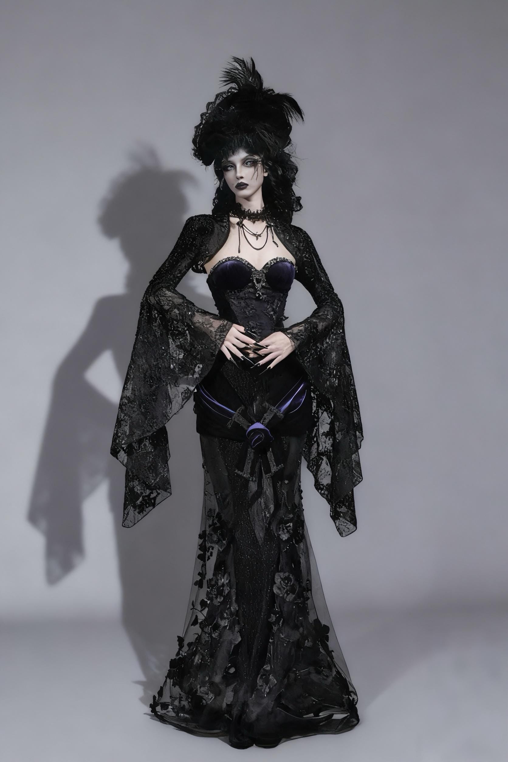 purple gothic corset dress model full body velvet lace outfit