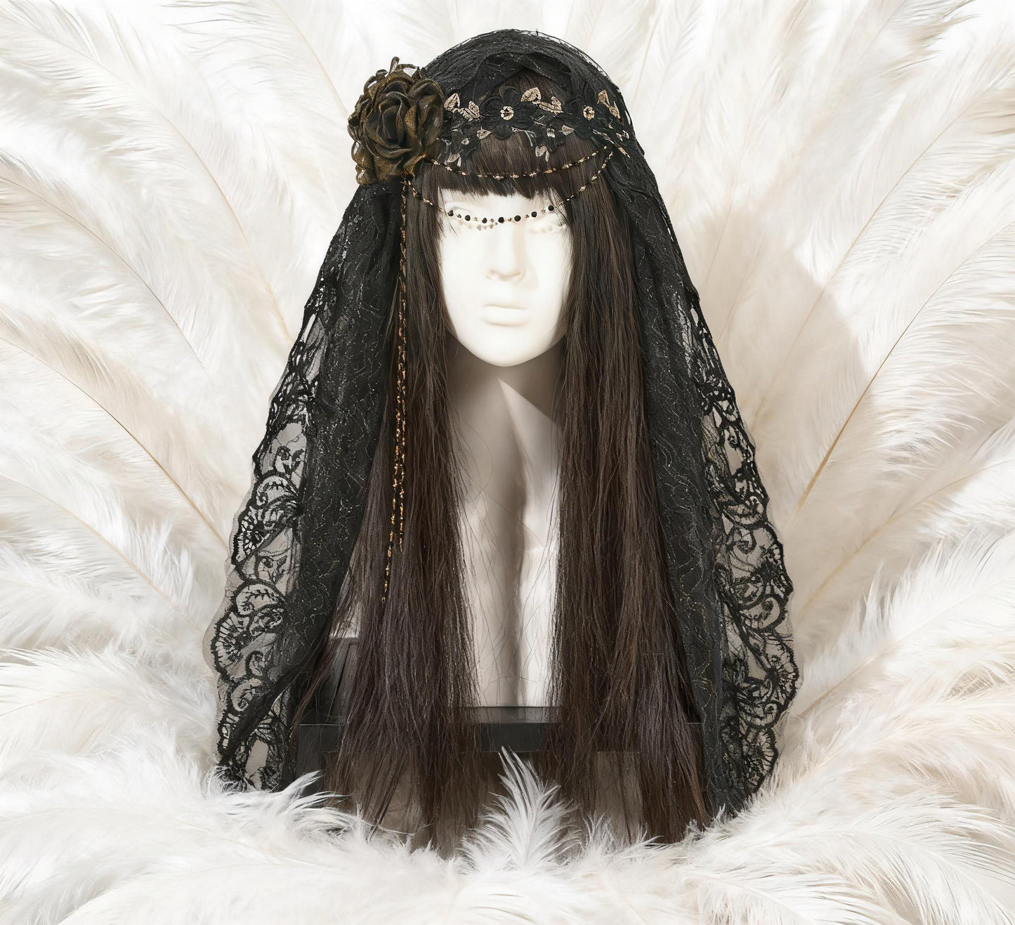 Eclipsed Saint Veil – Gothic Black Lace Veil & Beaded Headpiece Set, Vampire Bride Headdress, Dark Wedding Shawl, Witch Nun Costume