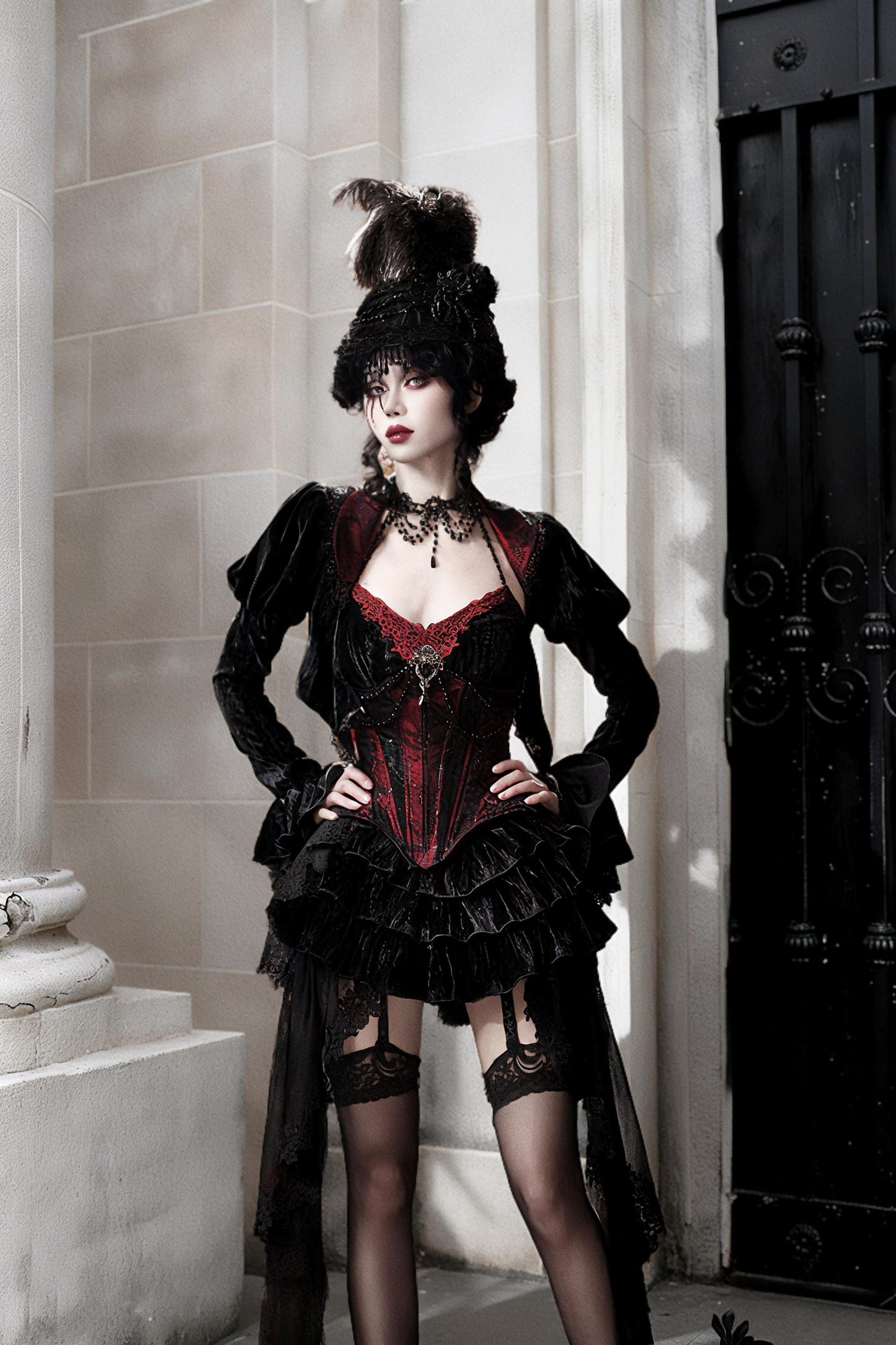 gothic velvet outfit back view fitted corset and mermaid skirt shape