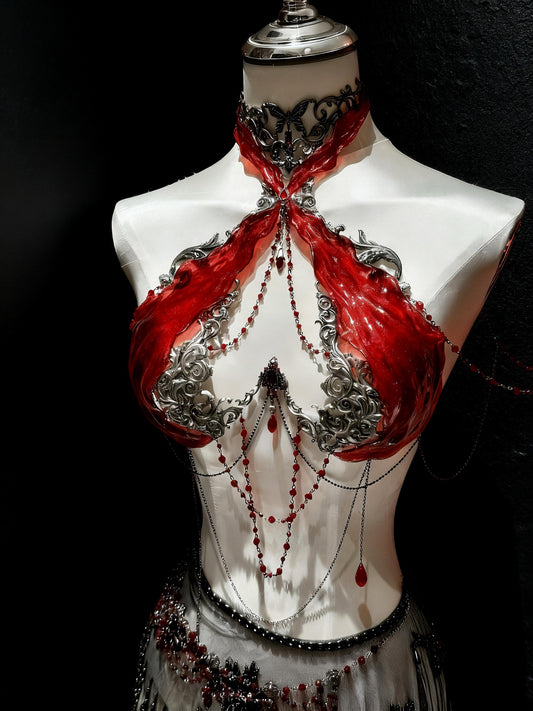 Handmade Red Rave Corset Top – Gothic Resin Silicone Bustier, Festival Rave Outfit, Fantasy Armor Lingerie, EDM, Burningman Outfit