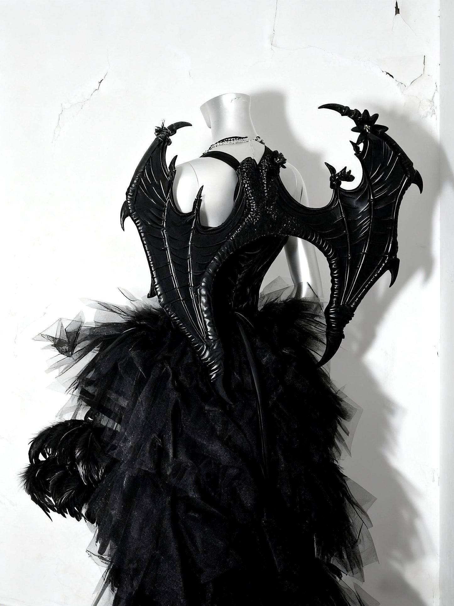 Dark Gothic Rave Festival Outfit, Black Feather Corset Gown with Dragon Wings, Fantasy Cage Skirt Dress for Halloween & Shows, Cosplay